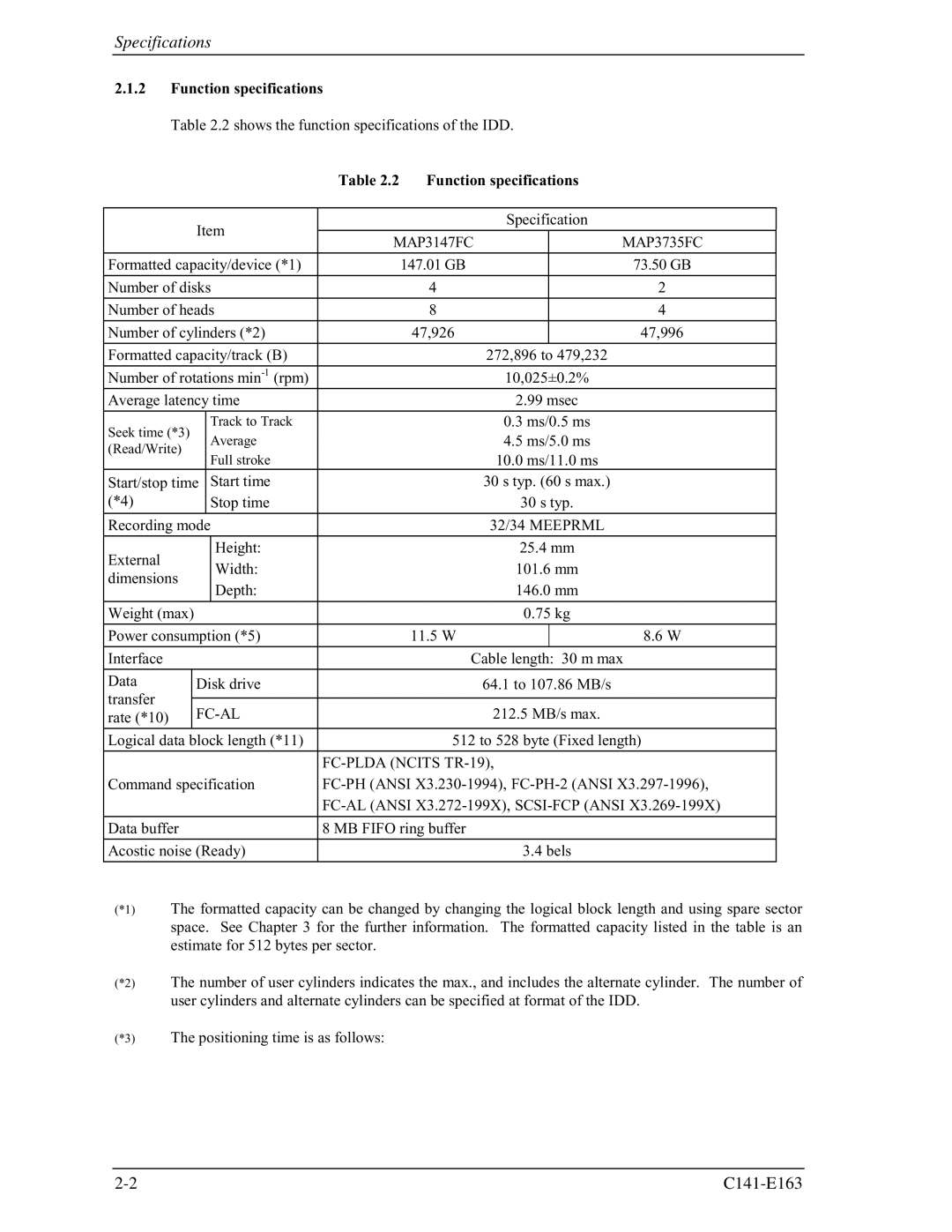 Fujitsu MAP3147FC, MAP3735FC manual Specifications, Function specifications, 32/34 Meeprml, Fc-Al, FC-PLDA Ncits TR-19 