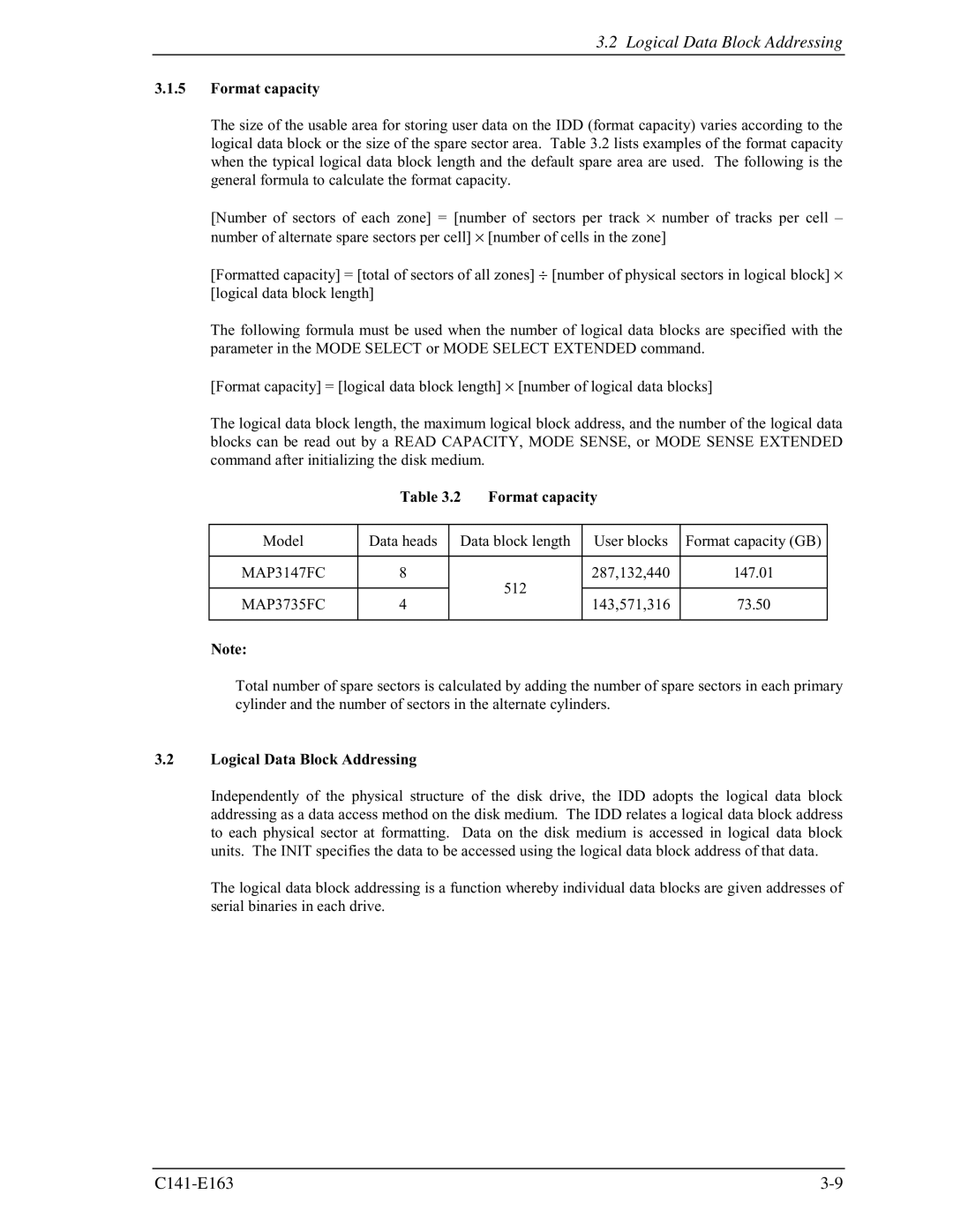 Fujitsu MAP3735FC, MAP3147FC manual Logical Data Block Addressing, Format capacity 