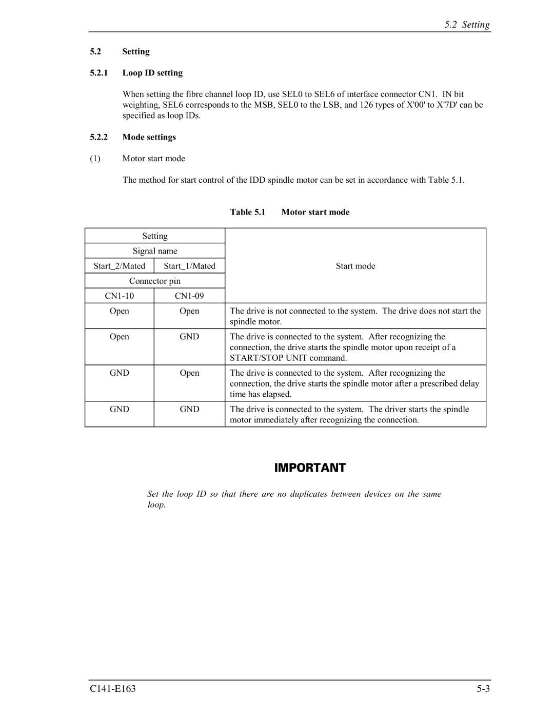 Fujitsu MAP3735FC, MAP3147FC manual Setting Loop ID setting, Mode settings, Motor start mode, Gnd 