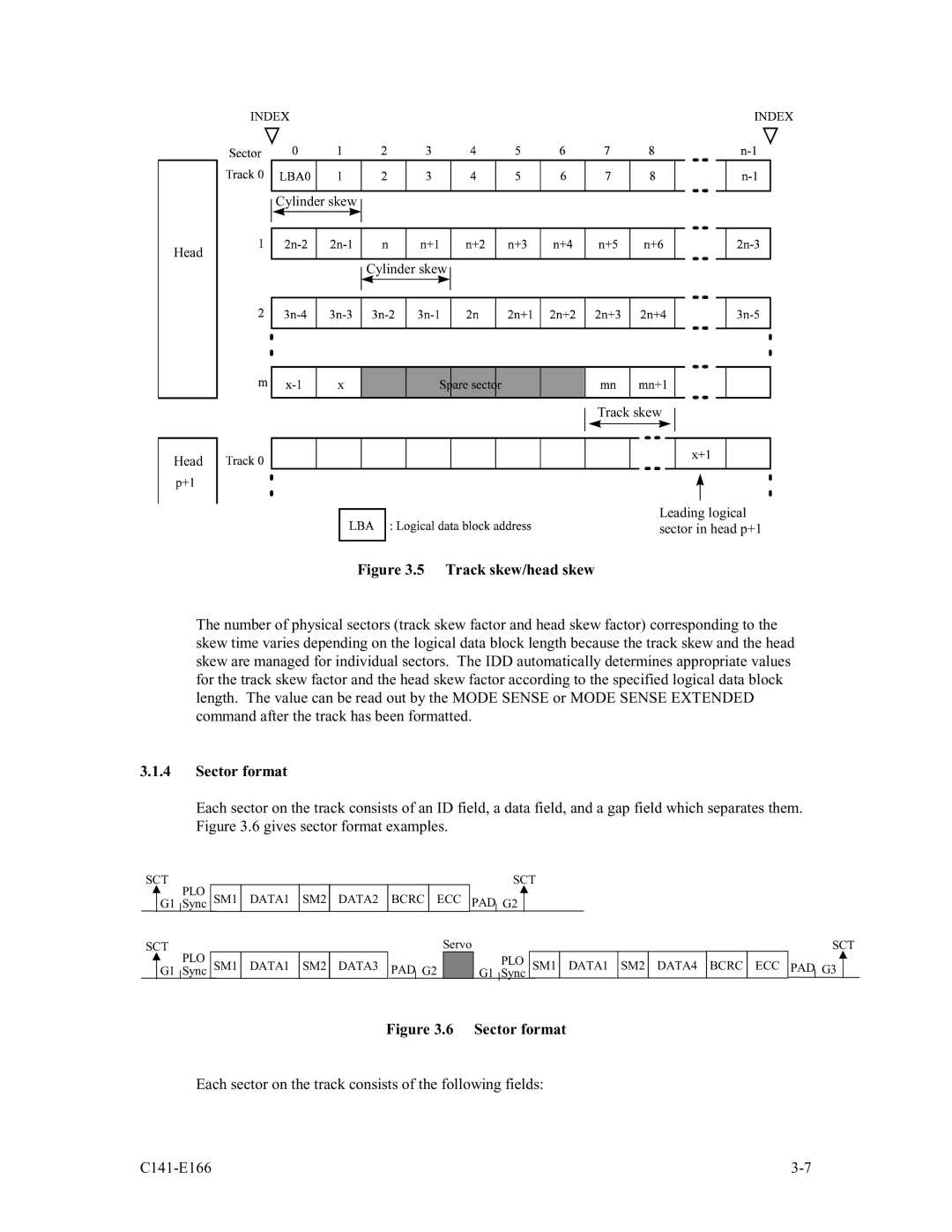 Fujitsu MAP3735NC/NP, MAP3147NC/NP, MAP3367NC/NP manual Track skew/head skew, Sector format 