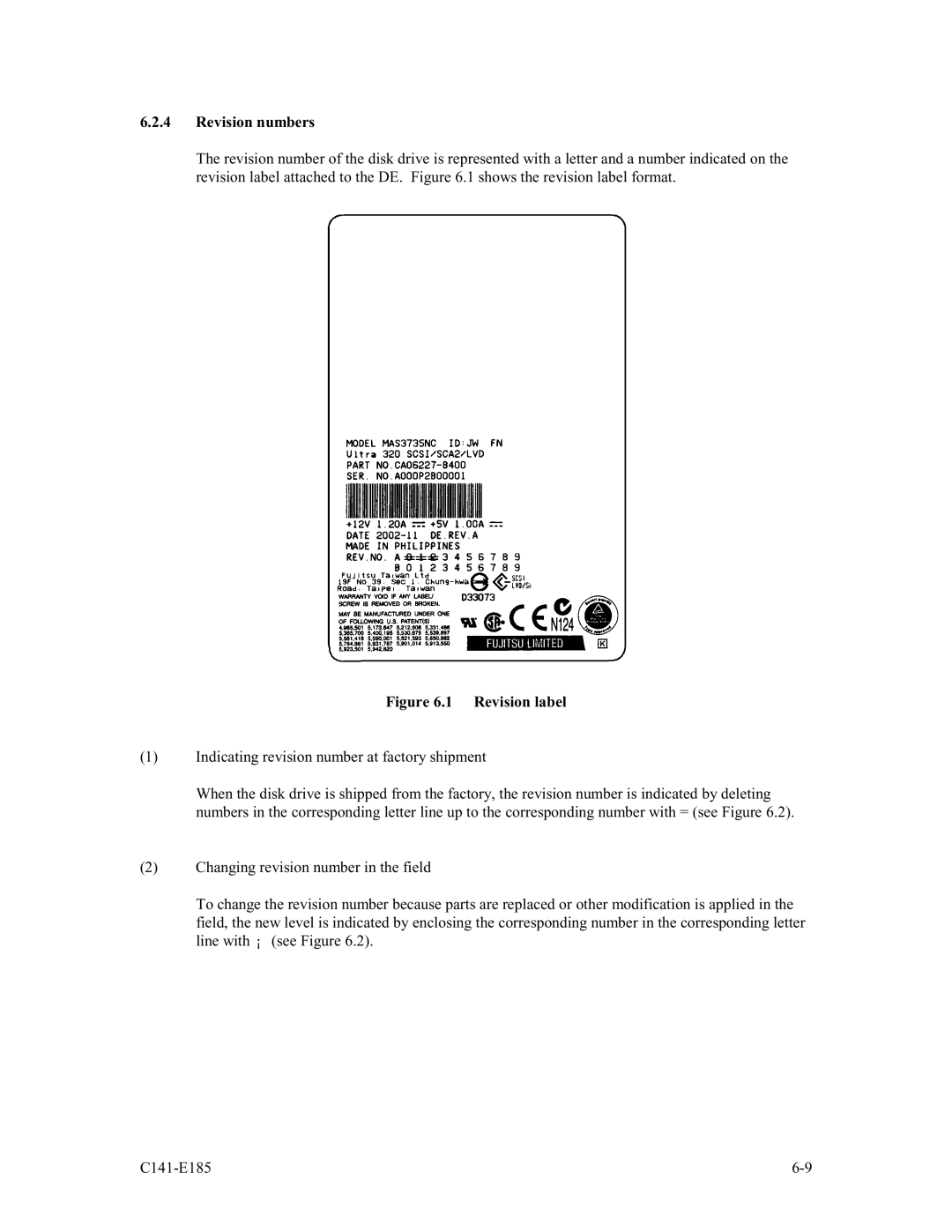 Fujitsu MAS3184NC/NP, MAS3367NC/NP, MAS3735NC/NP manual Revision numbers, Revision label 