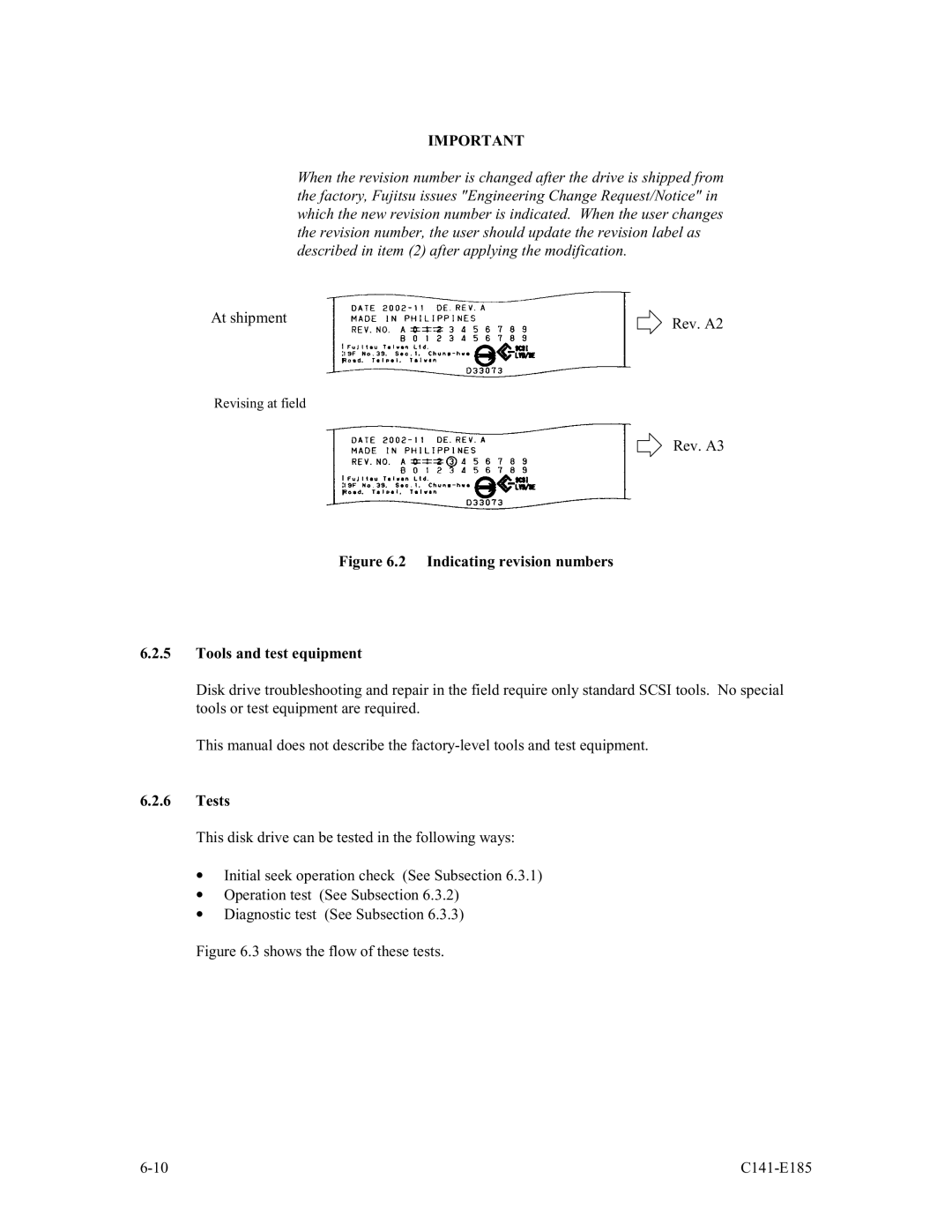 Fujitsu MAS3367NC/NP, MAS3184NC/NP, MAS3735NC/NP manual Indicating revision numbers Tools and test equipment, Tests 