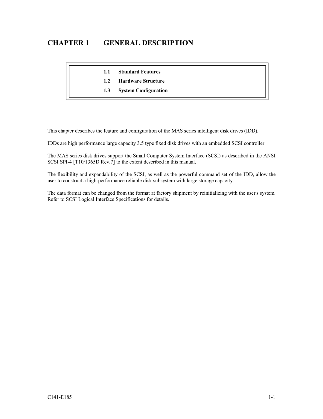 Fujitsu MAS3735NC/NP, MAS3184NC/NP manual General Description, Standard Features Hardware Structure System Configuration 