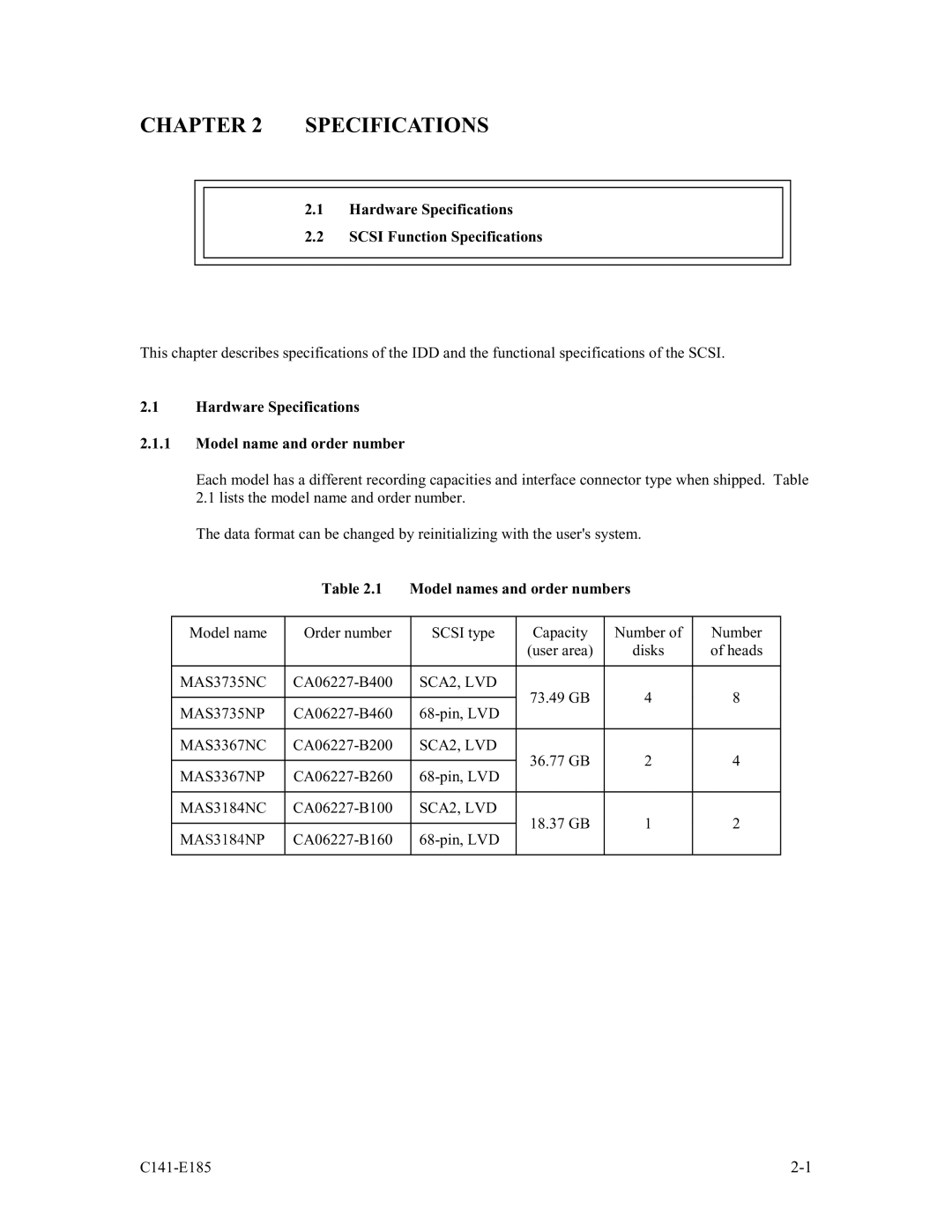 Fujitsu MAS3184NC/NP, MAS3367NC/NP Hardware Specifications Scsi Function Specifications, Model names and order numbers 