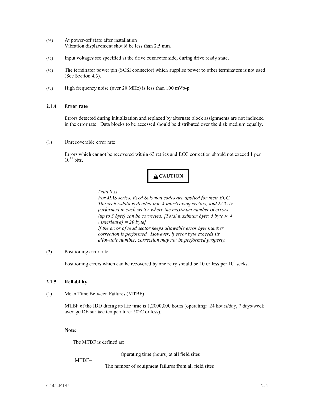 Fujitsu MAS3367NC/NP, MAS3184NC/NP, MAS3735NC/NP manual Error rate, Reliability, Mtbf= 