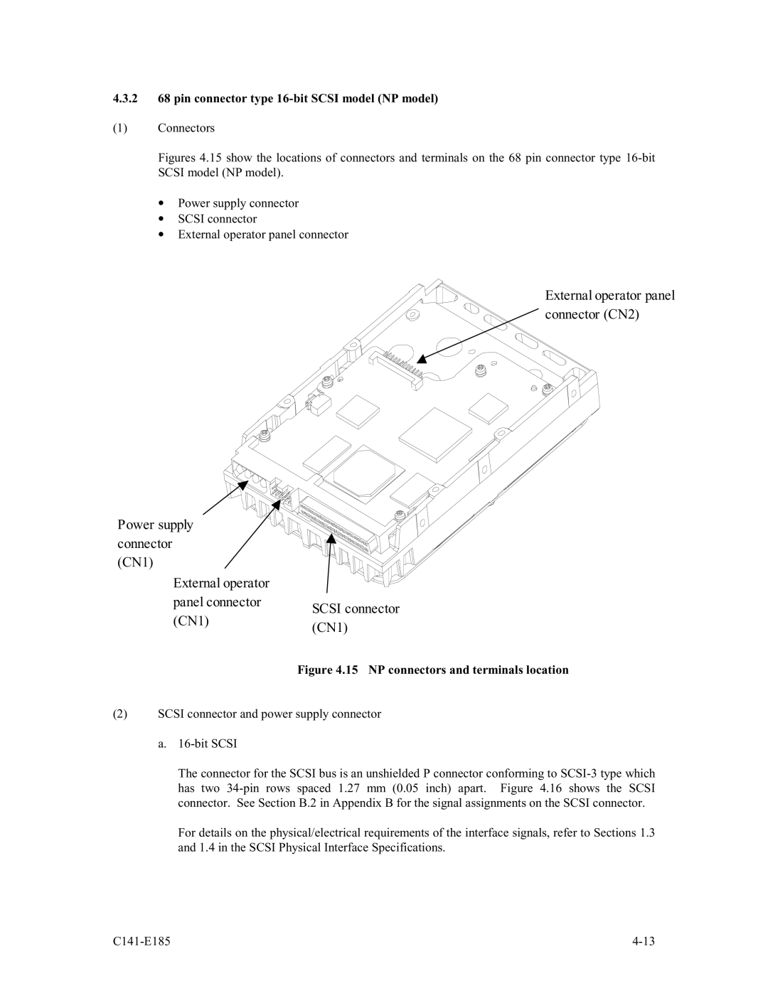 Fujitsu MAS3184NC/NP manual 2 68 pin connector type 16-bit Scsi model NP model, NP connectors and terminals location 