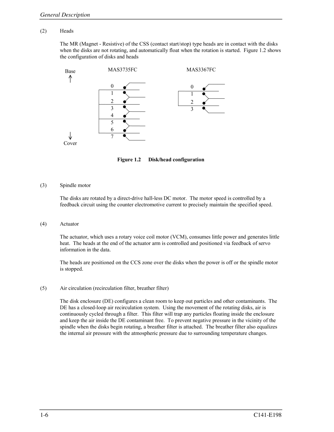 Fujitsu manual MAS3735FC MAS3367FC, Disk/head configuration 