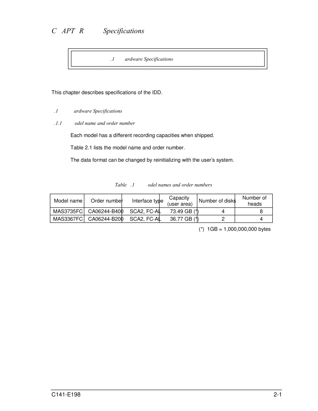 Fujitsu MAS3735FC Hardware Specifications Model name and order number, Model names and order numbers, SCA2, FC-AL 