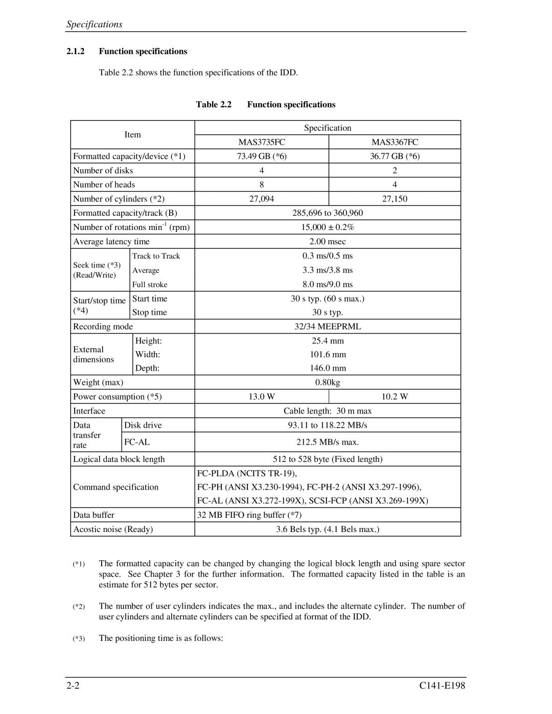 Fujitsu MAS3367FC, MAS3735FC manual Specifications, Function specifications, 32/34 Meeprml, Fc-Al, FC-PLDA Ncits TR-19 