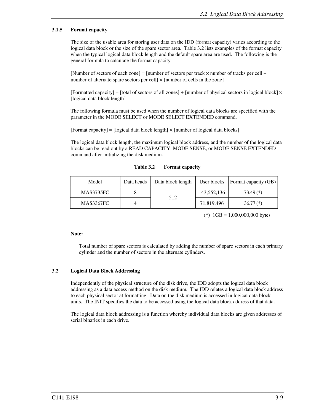 Fujitsu MAS3735FC, MAS3367FC manual Logical Data Block Addressing, Format capacity 