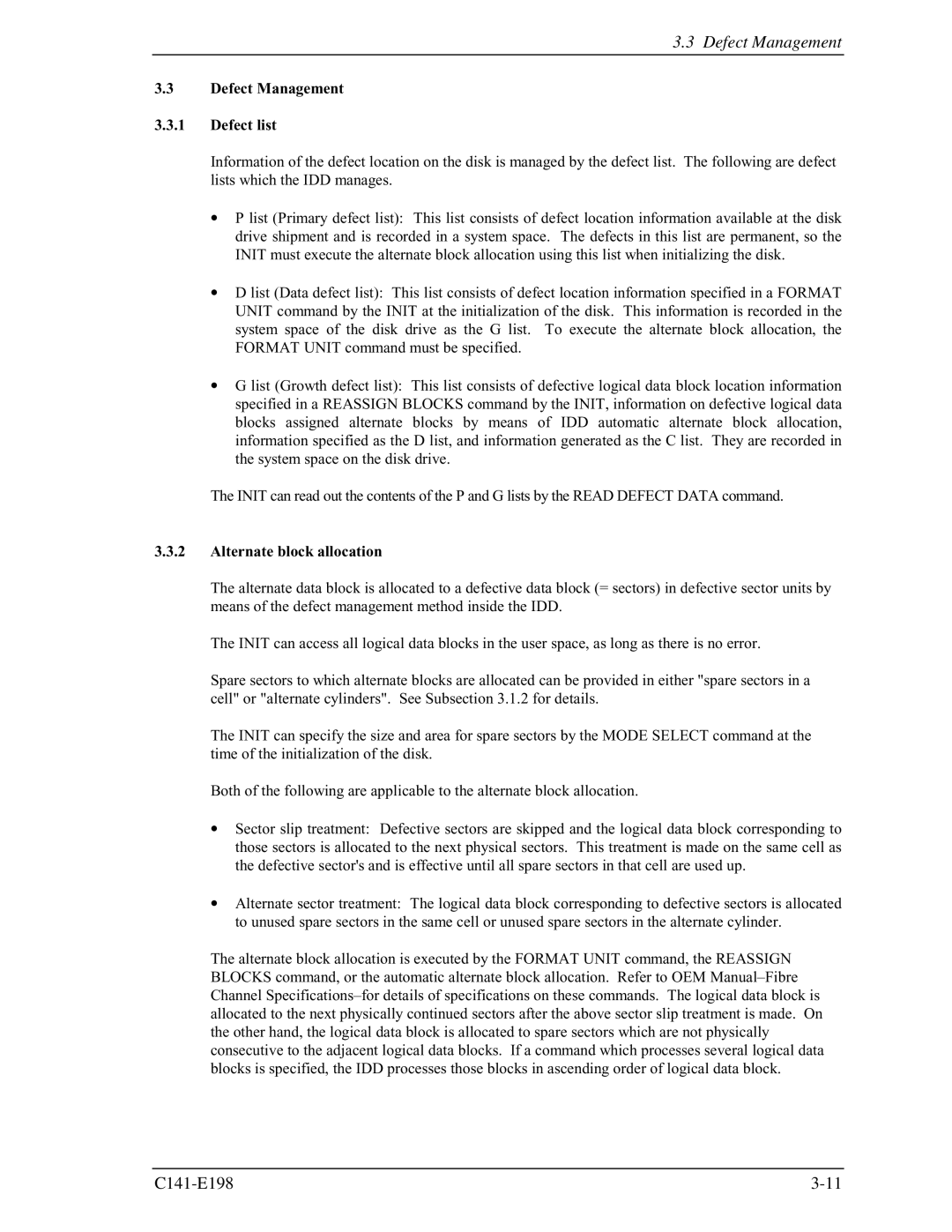 Fujitsu MAS3735FC, MAS3367FC manual Defect Management Defect list, Alternate block allocation 