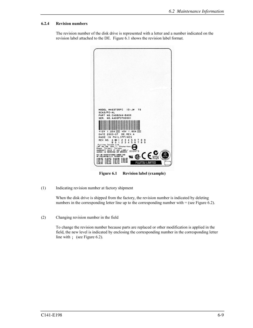 Fujitsu MAS3735FC, MAS3367FC manual Revision numbers, Revision label example 