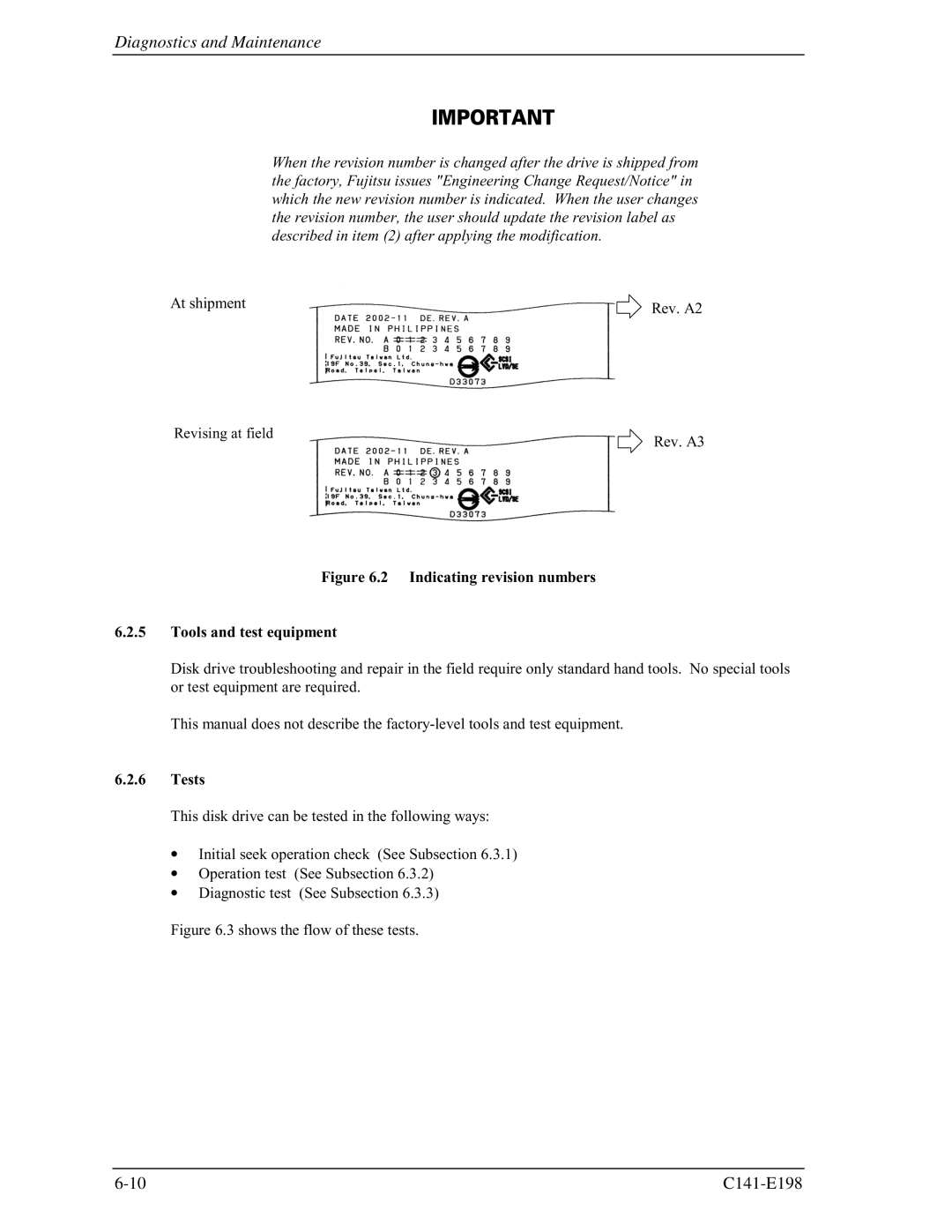 Fujitsu MAS3367FC, MAS3735FC manual Indicating revision numbers Tools and test equipment, Tests 