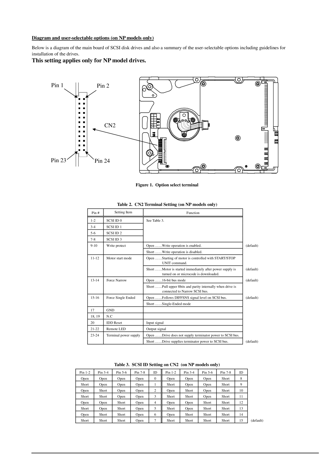 Fujitsu MAT3300NP/NP Diagram and user-selectable options on NP models only, Scsi ID Setting on CN2 on NP models only 