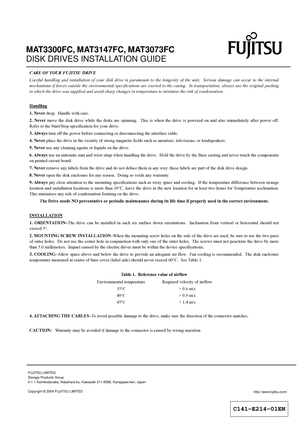 Fujitsu specifications MAT3300FC, MAT3147FC, MAT3073FC, Disk Drives Installation Guide, Care of Your Fujitsu Drive 
