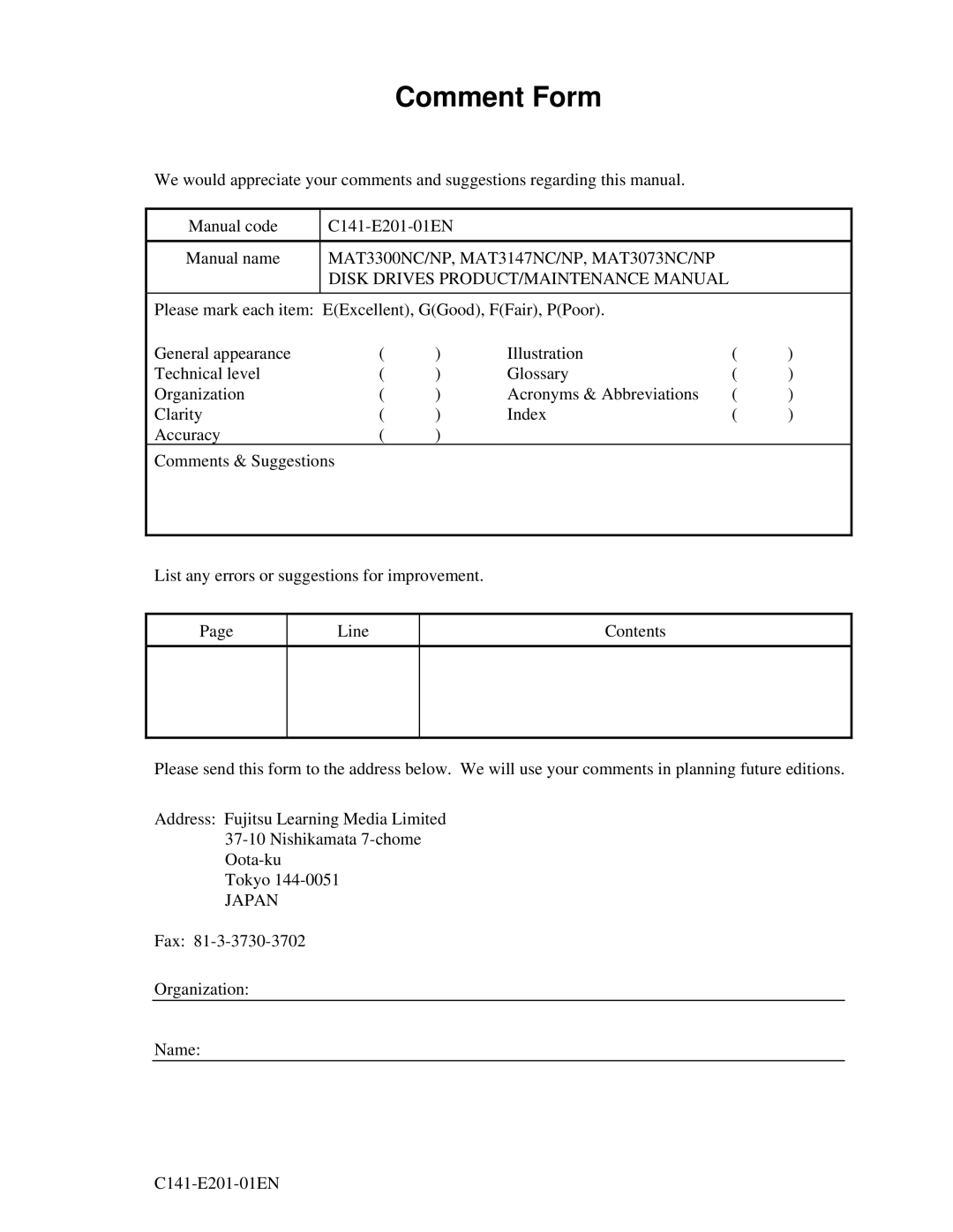 Fujitsu MAT3073NC/NP, MAT3300NC/NP, MAT3147NC/NP manual Comment Form 