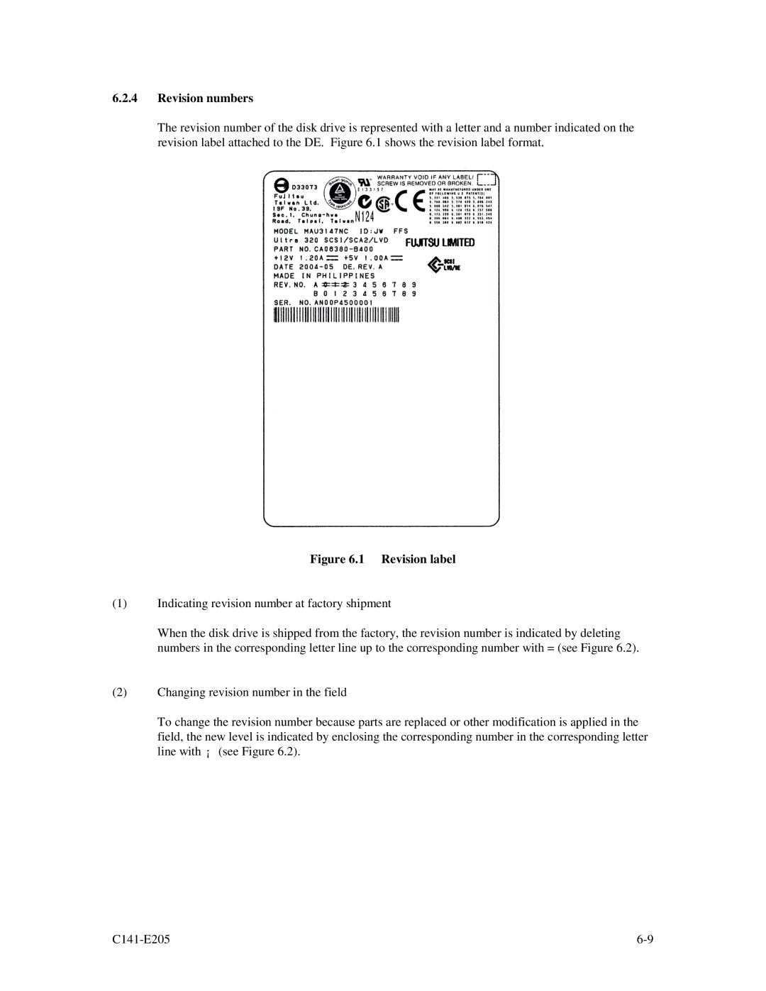 Fujitsu MAU3073NC/NP, MAU3147NC/NP, MAU3036NC/NP manual Revision numbers, Revision label 