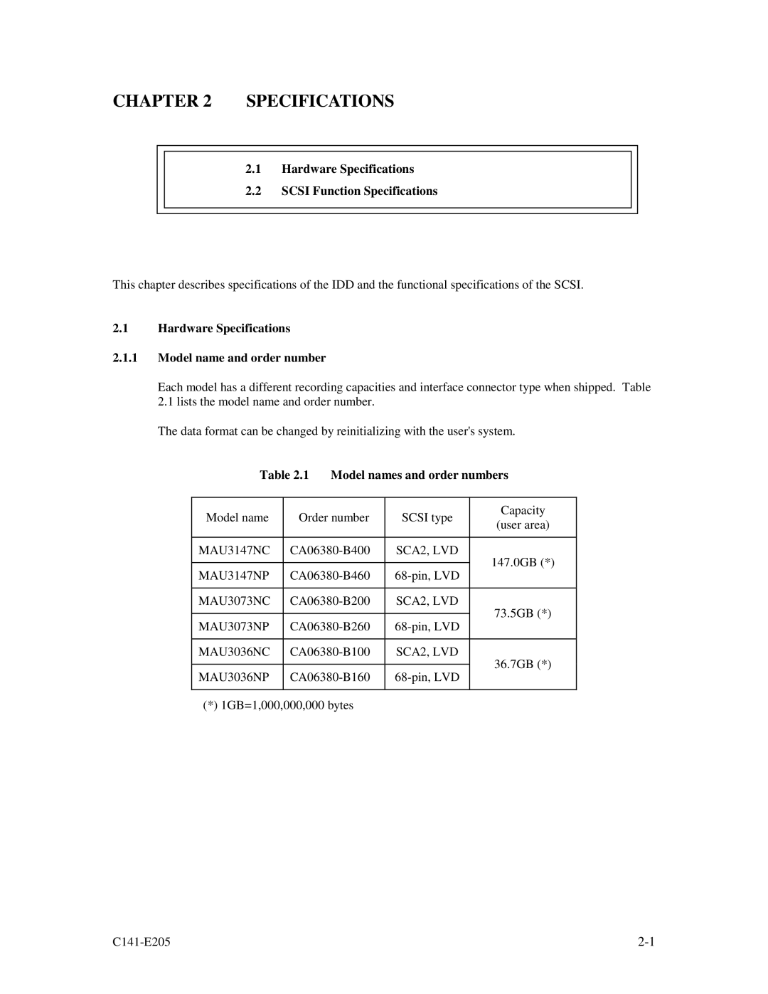 Fujitsu MAU3073NC/NP, MAU3147NC/NP Hardware Specifications Scsi Function Specifications, Model names and order numbers 