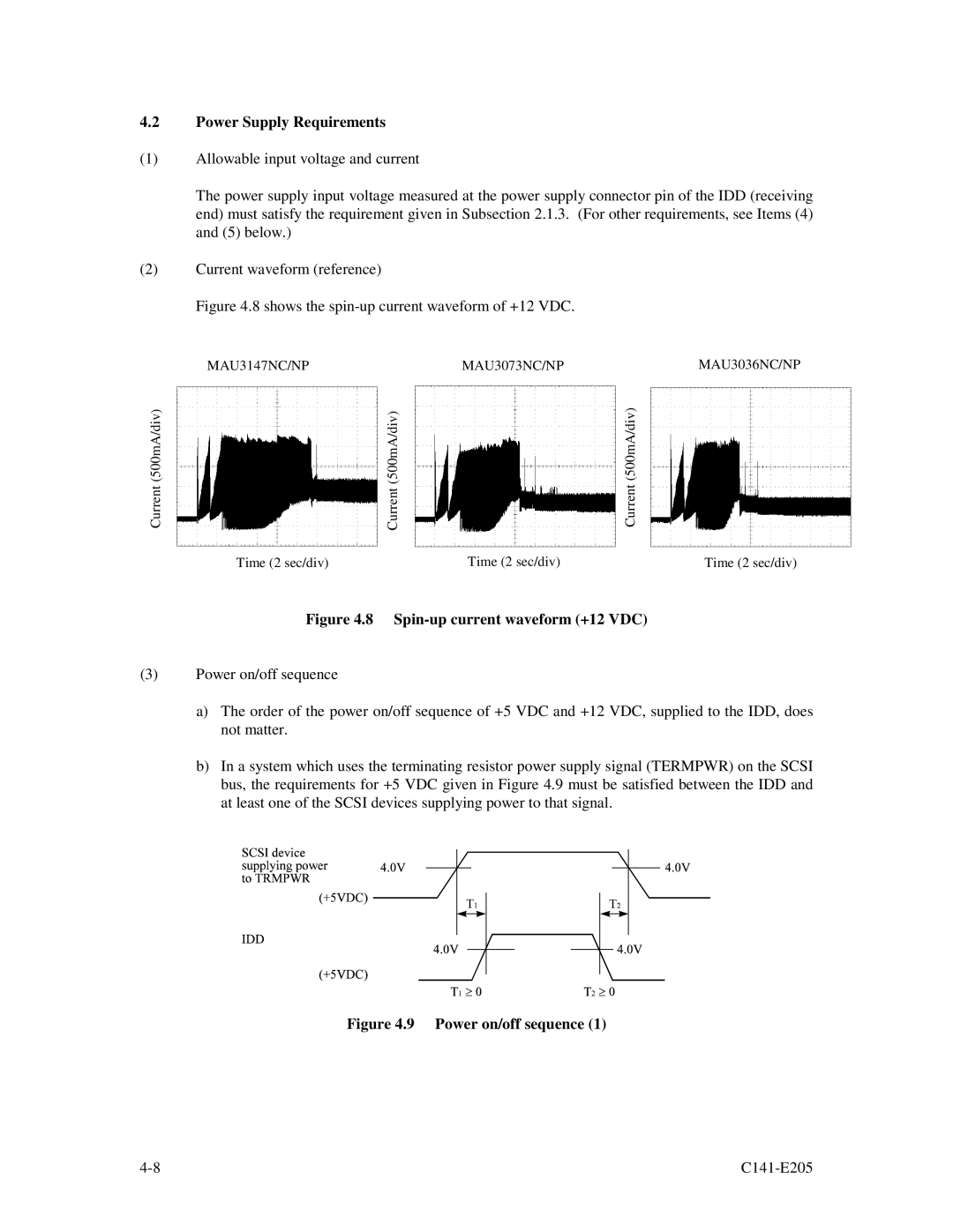 Fujitsu MAU3147NC/NP, MAU3073NC/NP, MAU3036NC/NP manual Spin-up current waveform +12 VDC 