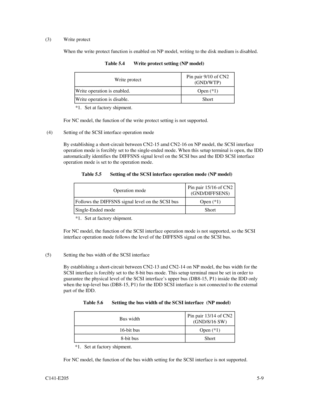 Fujitsu MAU3073NC/NP manual Write protect setting NP model, Gnd/Wtp, Setting of the Scsi interface operation mode NP model 