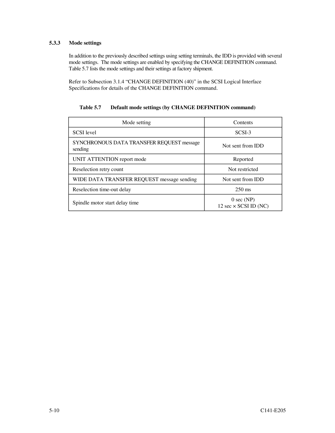 Fujitsu MAU3147NC/NP, MAU3073NC/NP, MAU3036NC/NP Mode settings, Default mode settings by Change Definition command, SCSI-3 