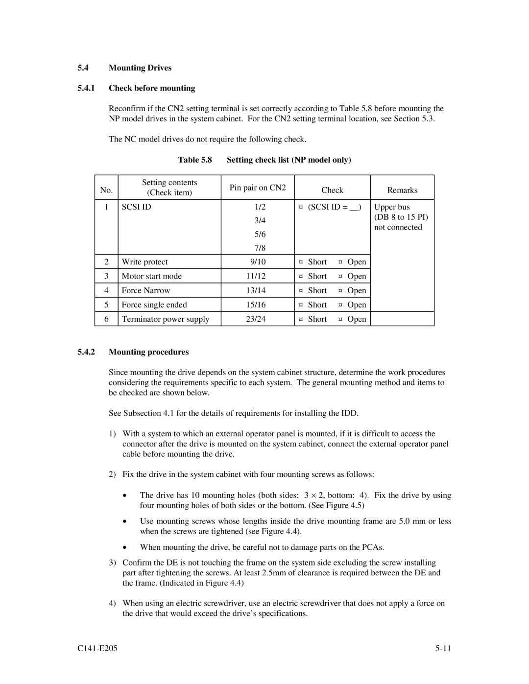 Fujitsu MAU3036NC/NP manual Mounting Drives Check before mounting, Setting check list NP model only, Mounting procedures 