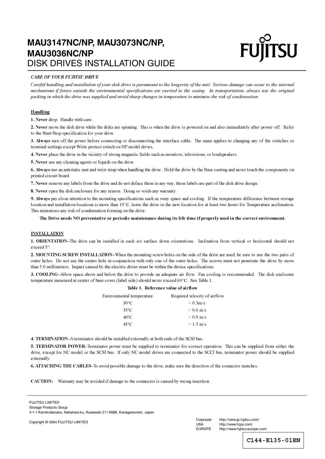 Fujitsu MAU3147NC/NP, MAU3073NC/NP, MAU3036NC/NP specifications Handling, Reference value of airflow 