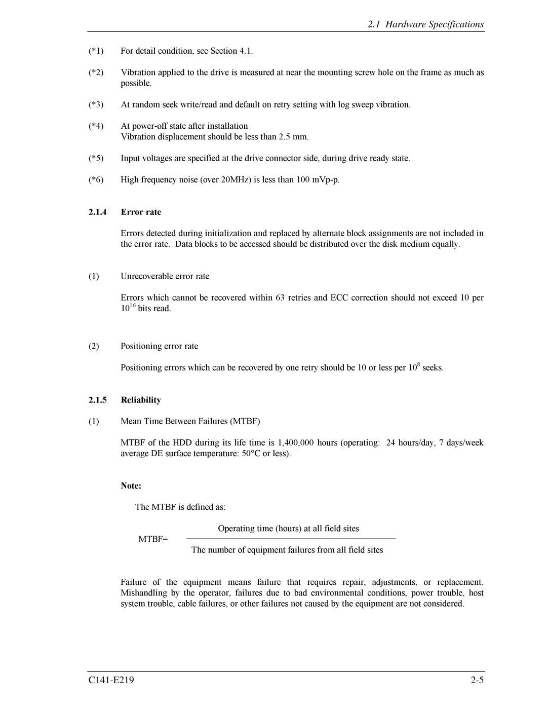 Fujitsu MAV2036RC, MAV2073RC manual Error rate, Reliability, Mtbf= 