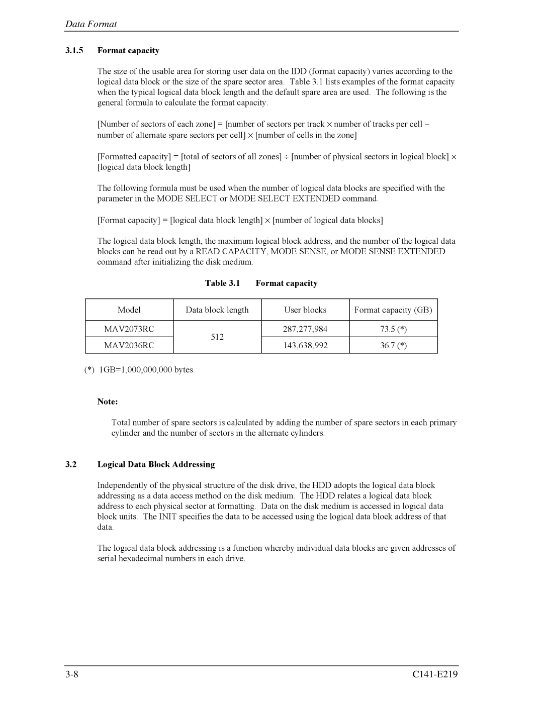 Fujitsu MAV2073RC, MAV2036RC manual Format capacity 