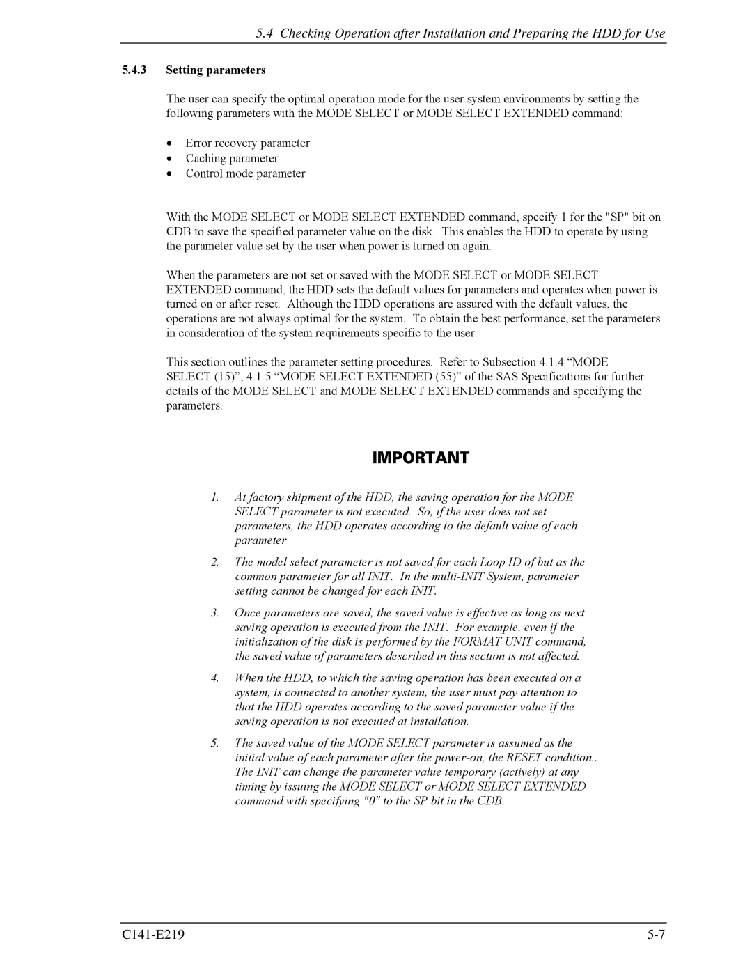 Fujitsu MAV2036RC, MAV2073RC manual Setting parameters 