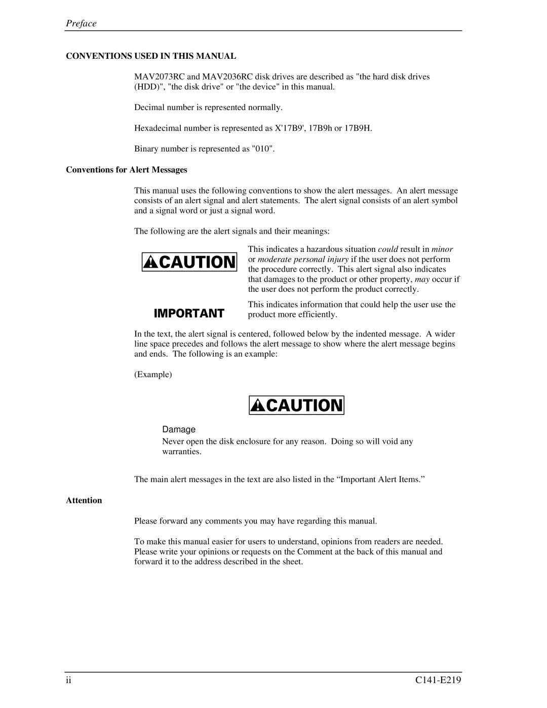 Fujitsu MAV2073RC, MAV2036RC manual Preface, Conventions for Alert Messages 