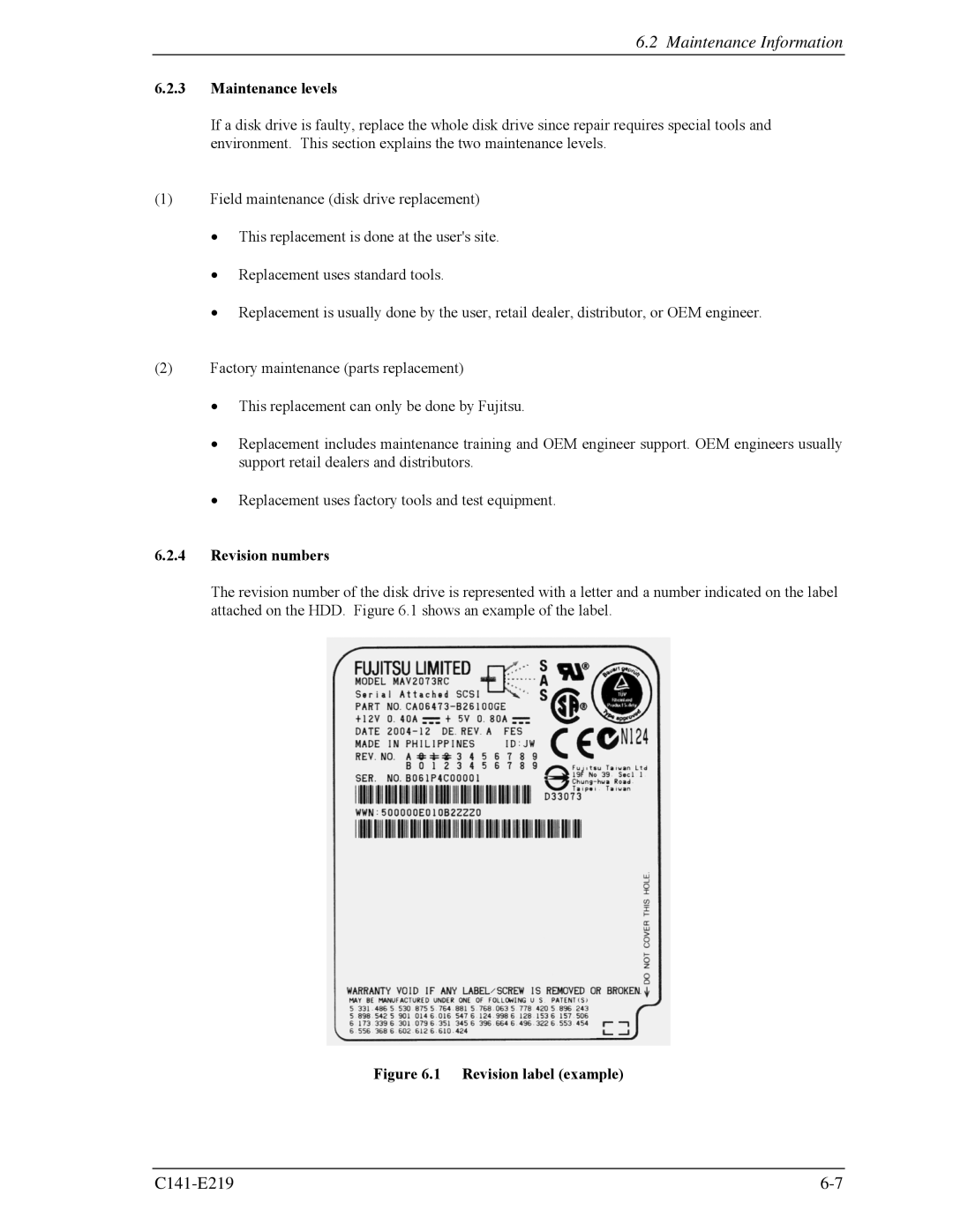 Fujitsu MAV2036RC, MAV2073RC manual Maintenance levels, Revision numbers 