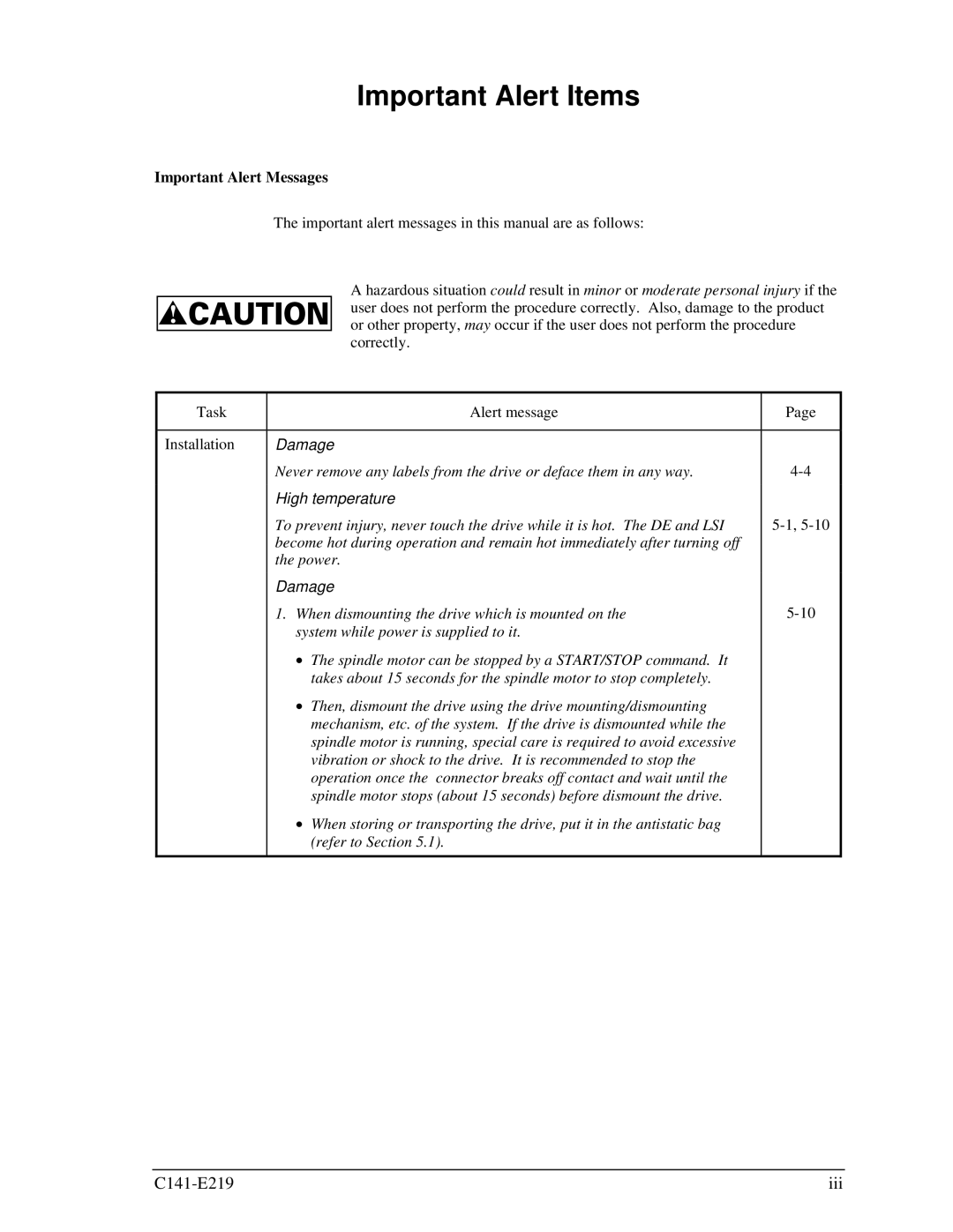 Fujitsu MAV2036RC, MAV2073RC manual Important Alert Items, Important Alert Messages 