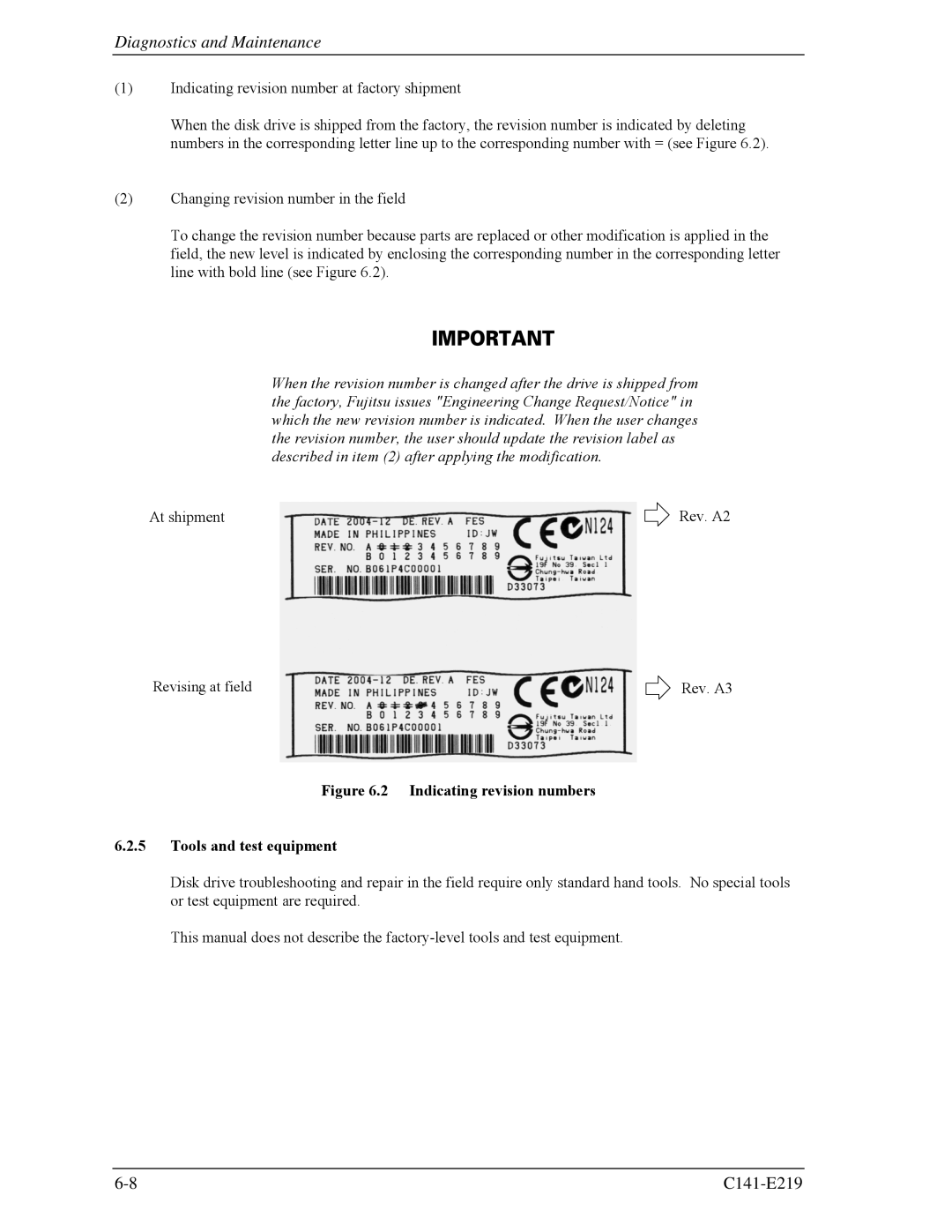 Fujitsu MAV2073RC, MAV2036RC manual Indicating revision numbers Tools and test equipment 