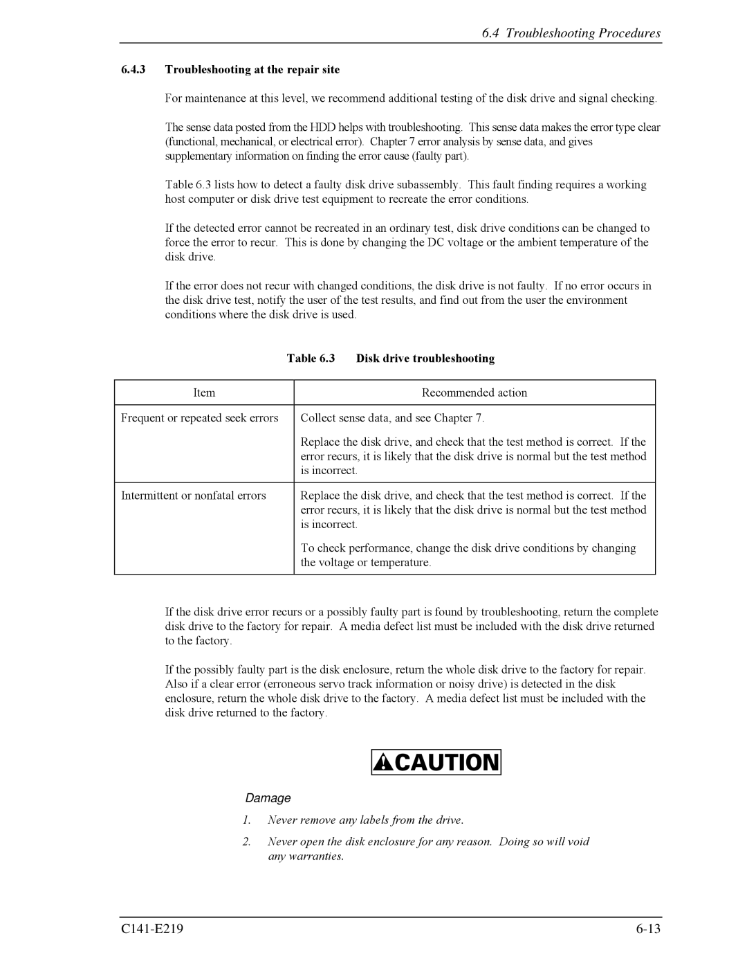 Fujitsu MAV2036RC, MAV2073RC manual Troubleshooting at the repair site, Disk drive troubleshooting 