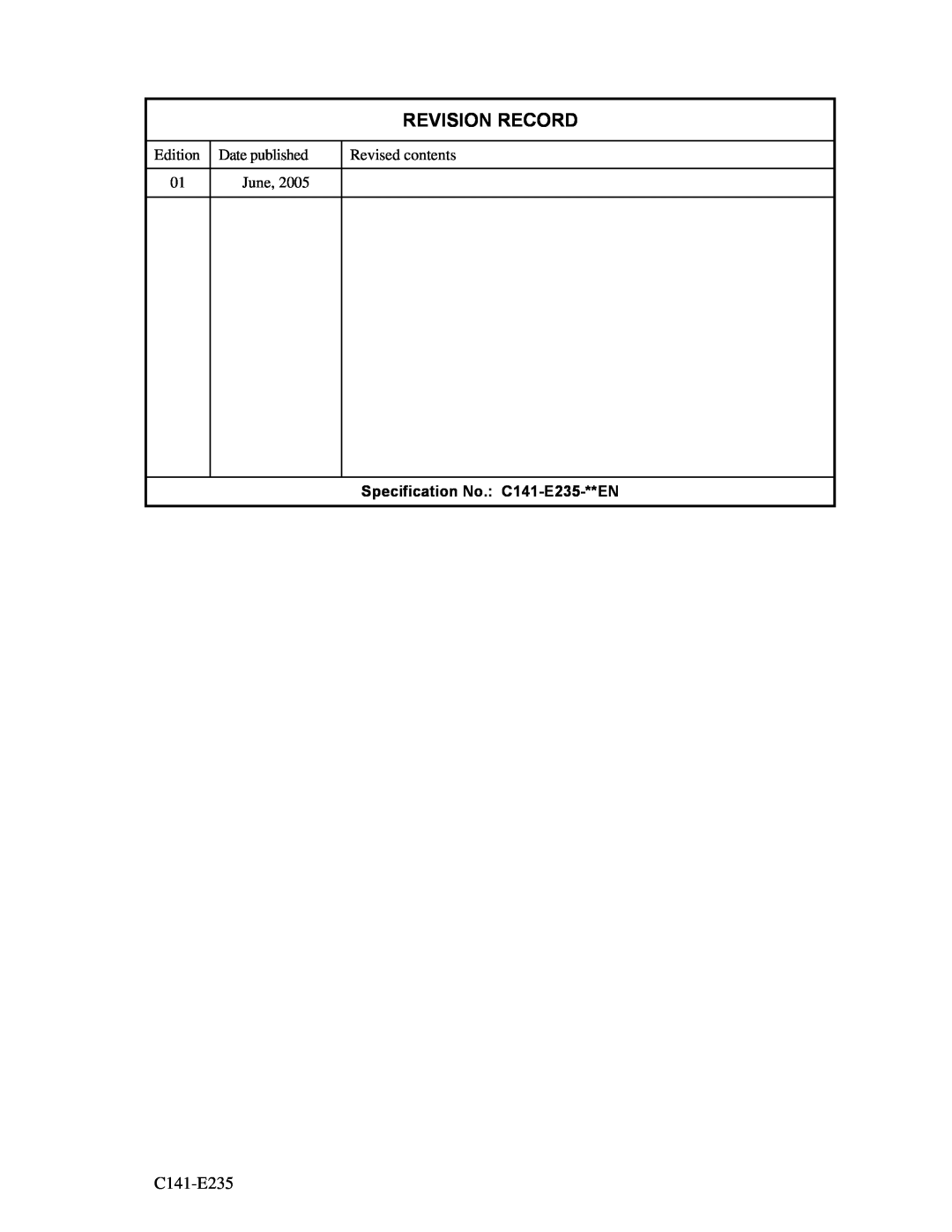 Fujitsu MAW3073fc, MAW3300FC, MAW3147FC manual Revision Record, Specification No. C141-E235-**EN 