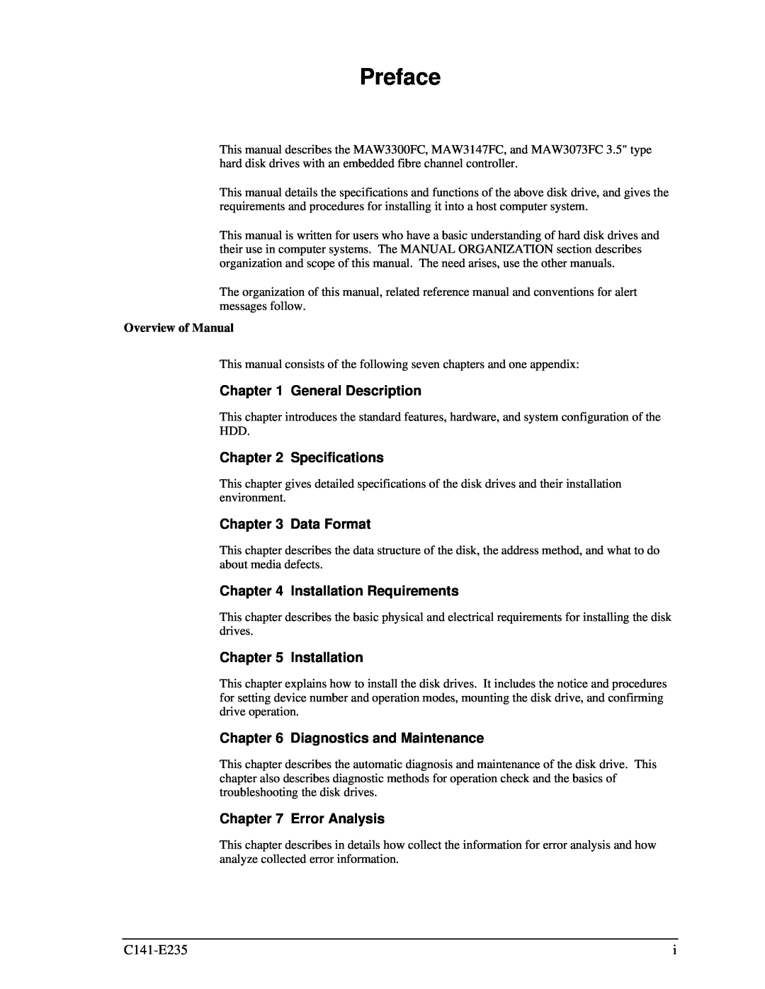 Fujitsu MAW3147FC Preface, General Description, Specifications, Data Format, Installation Requirements, Error Analysis 