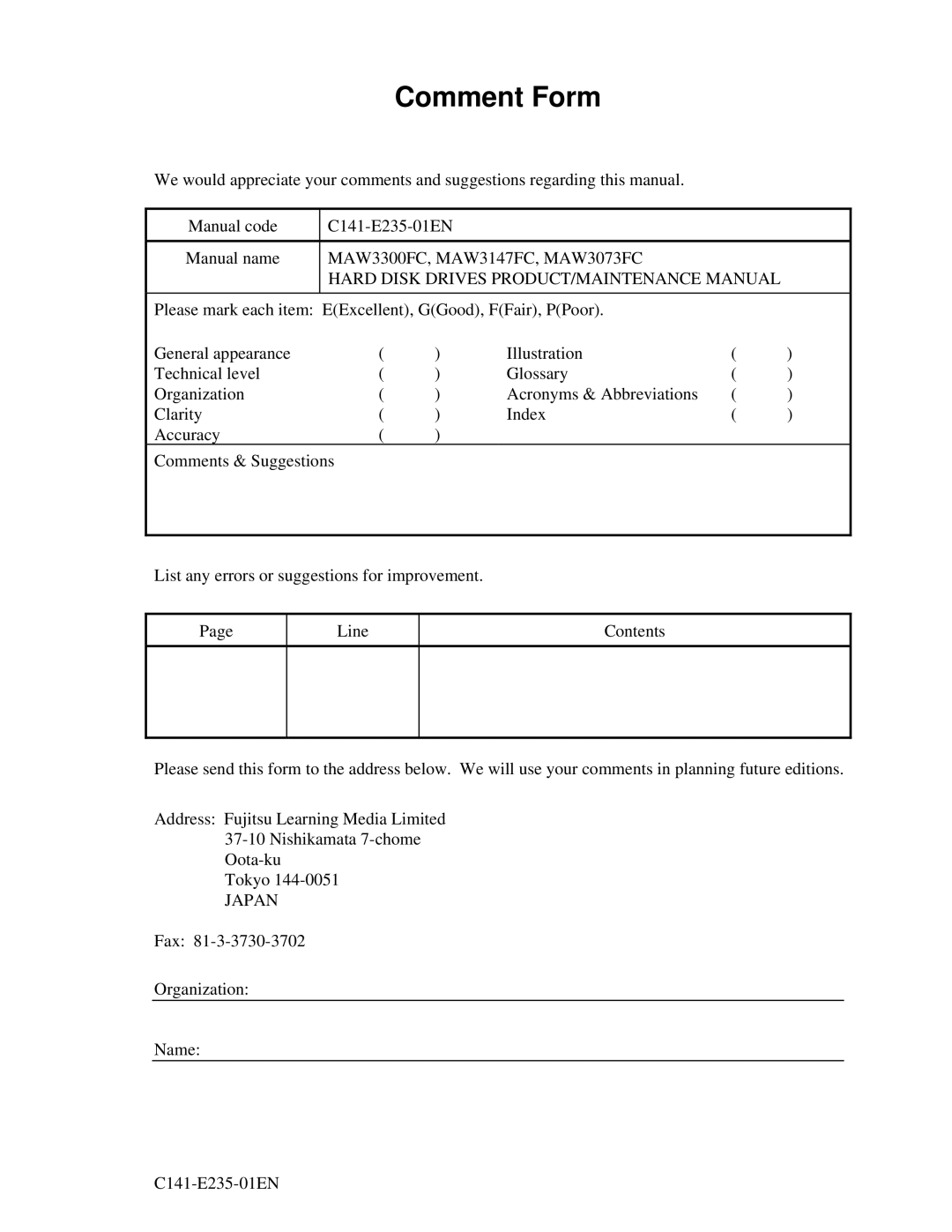 Fujitsu MAW3147FC, MAW3300FC, MAW3073fc manual Comment Form 