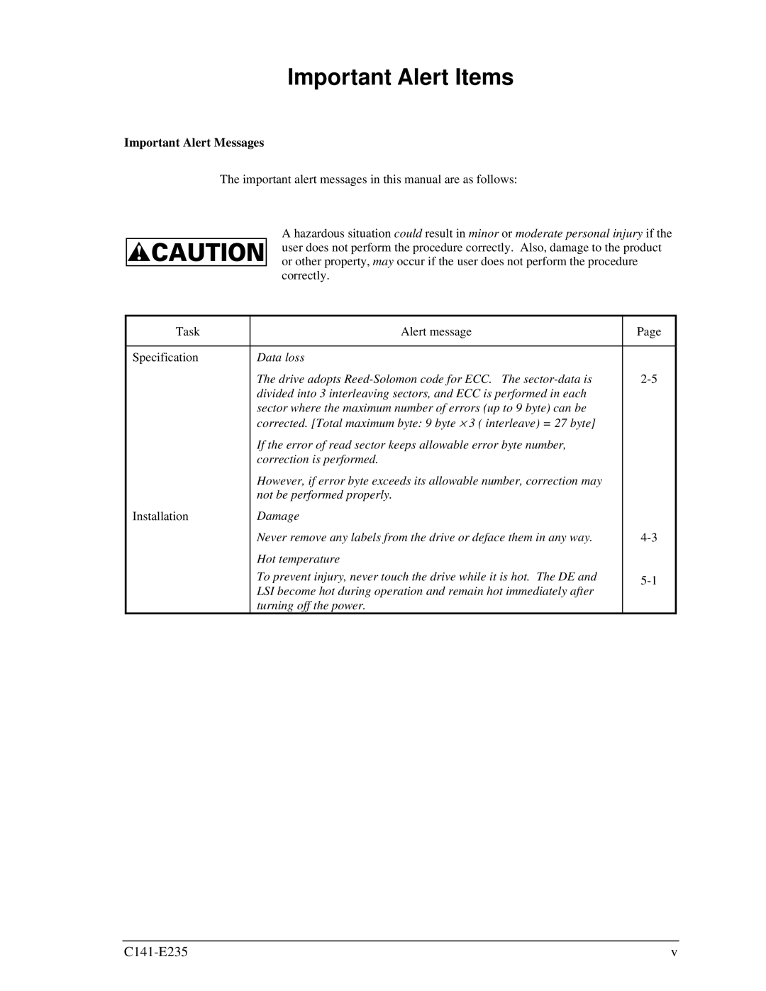 Fujitsu MAW3073fc, MAW3300FC, MAW3147FC manual Important Alert Items, Important Alert Messages 