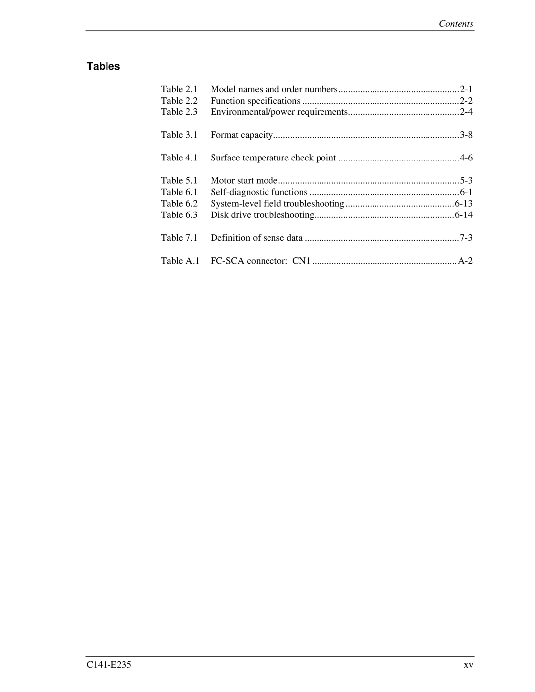 Fujitsu MAW3300FC, MAW3147FC, MAW3073fc manual Tables 