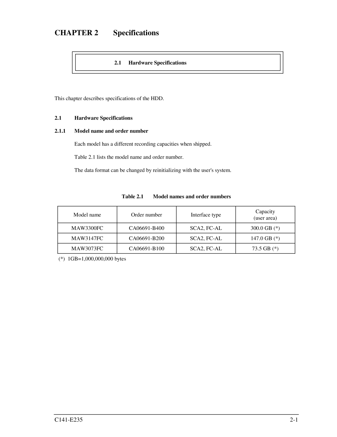 Fujitsu MAW3147FC, MAW3300FC manual Hardware Specifications Model name and order number, Model names and order numbers 