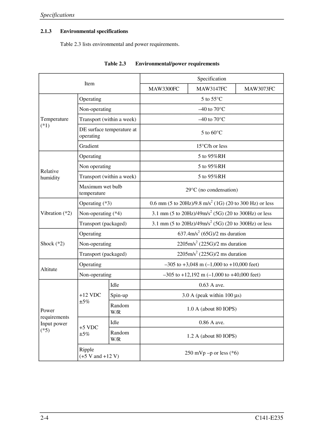 Fujitsu MAW3147FC, MAW3300FC, MAW3073fc manual Environmental specifications, Environmental/power requirements 