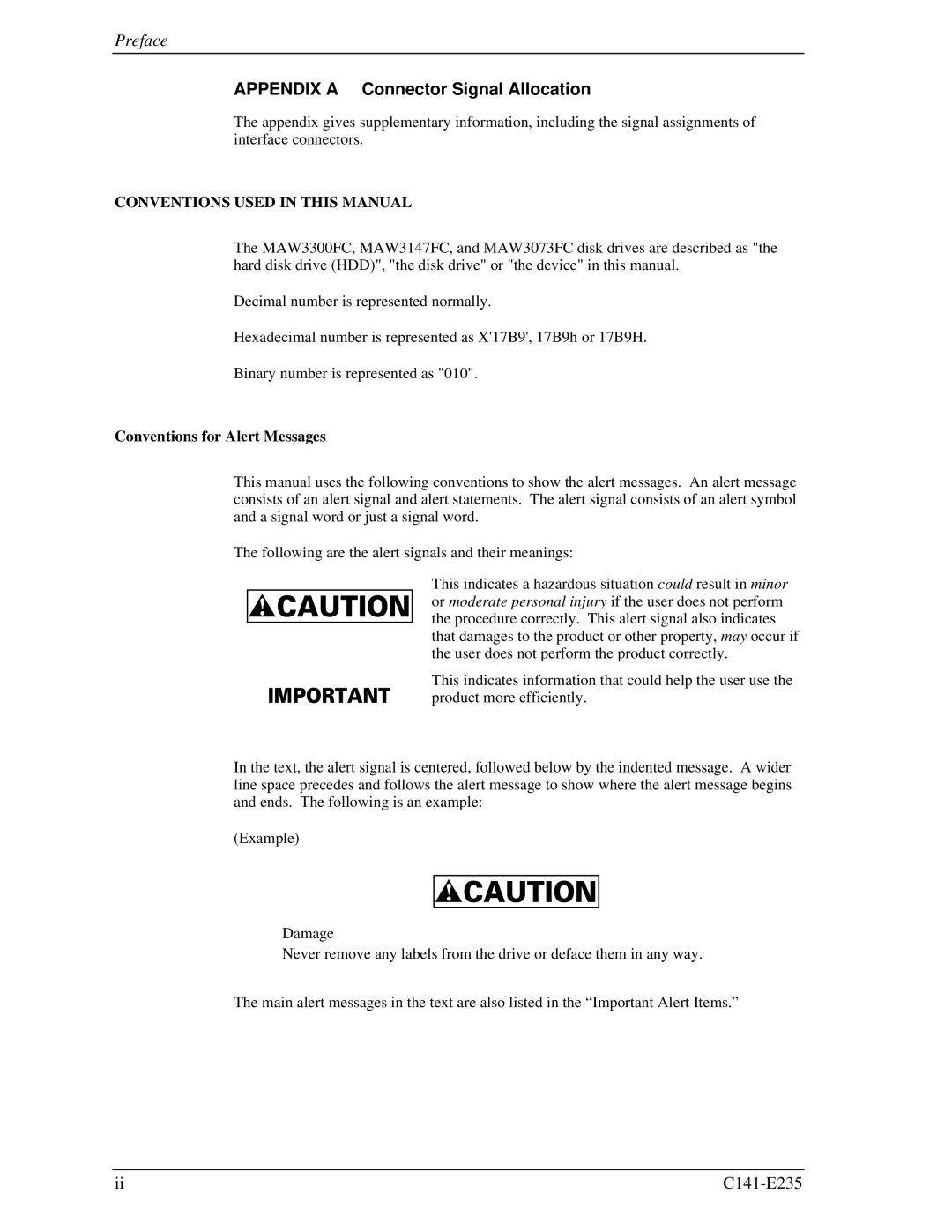 Fujitsu MAW3073fc, MAW3300FC, MAW3147FC manual Preface, Conventions for Alert Messages 