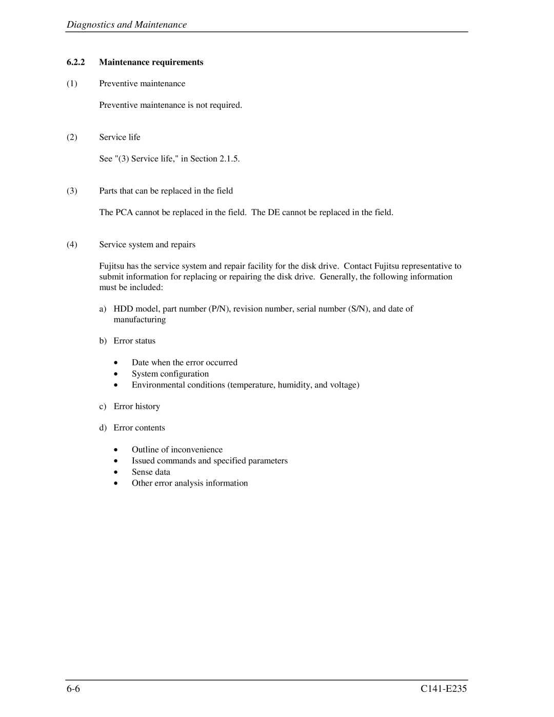 Fujitsu MAW3300FC, MAW3147FC, MAW3073fc manual Maintenance requirements 