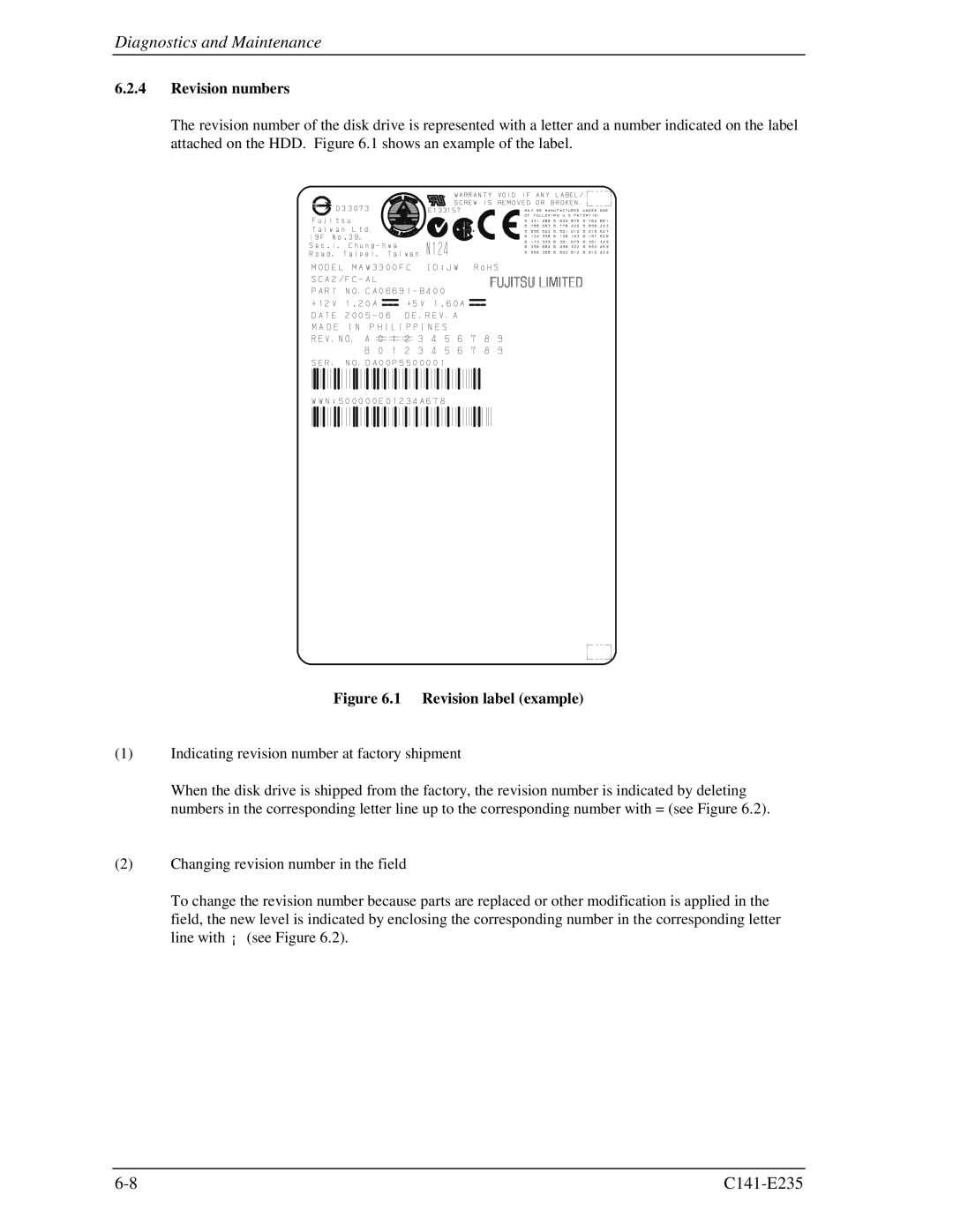 Fujitsu MAW3073fc, MAW3300FC, MAW3147FC manual Revision numbers, Revision label example 