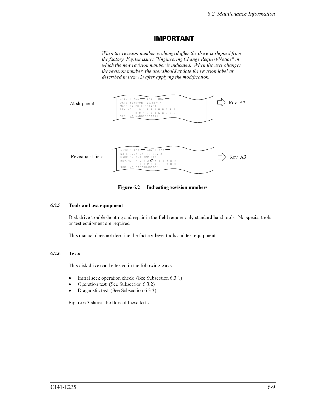 Fujitsu MAW3300FC, MAW3147FC, MAW3073fc manual Indicating revision numbers Tools and test equipment, Tests 