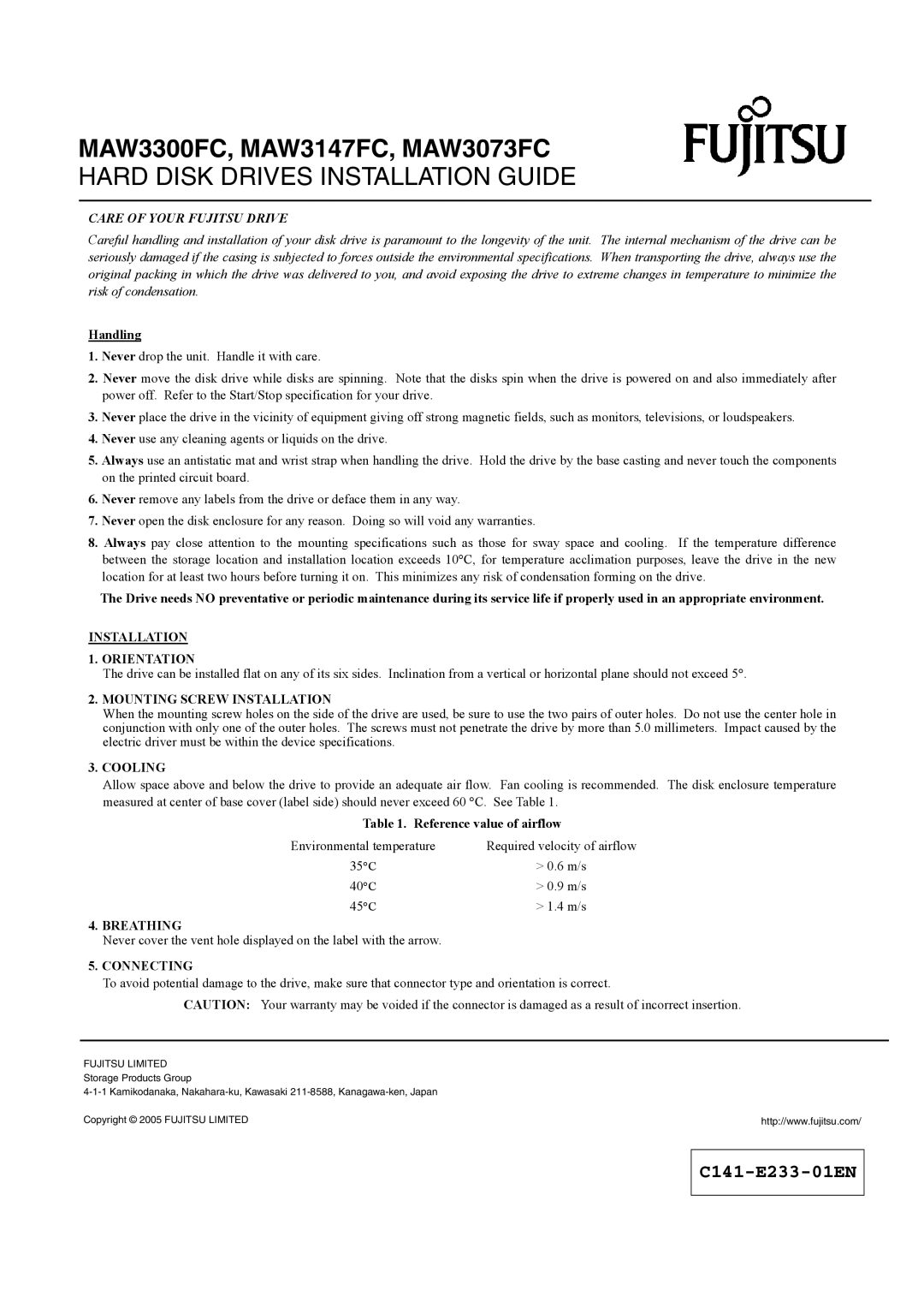 Fujitsu specifications MAW3300FC, MAW3147FC, MAW3073FC, Hard Disk Drives Installation Guide, Care of Your Fujitsu Drive 
