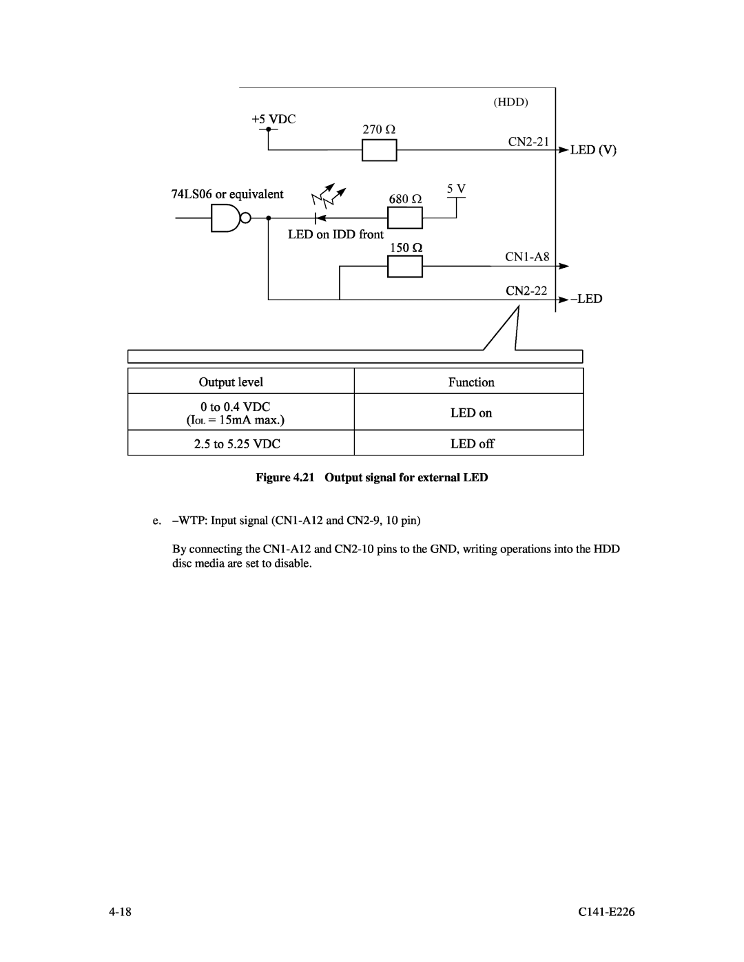 Fujitsu MAW3147NC/NP 21 Output signal for external LED, e. -WTP Input signal CN1-A12 and CN2-9, 10 pin, 4-18, C141-E226 