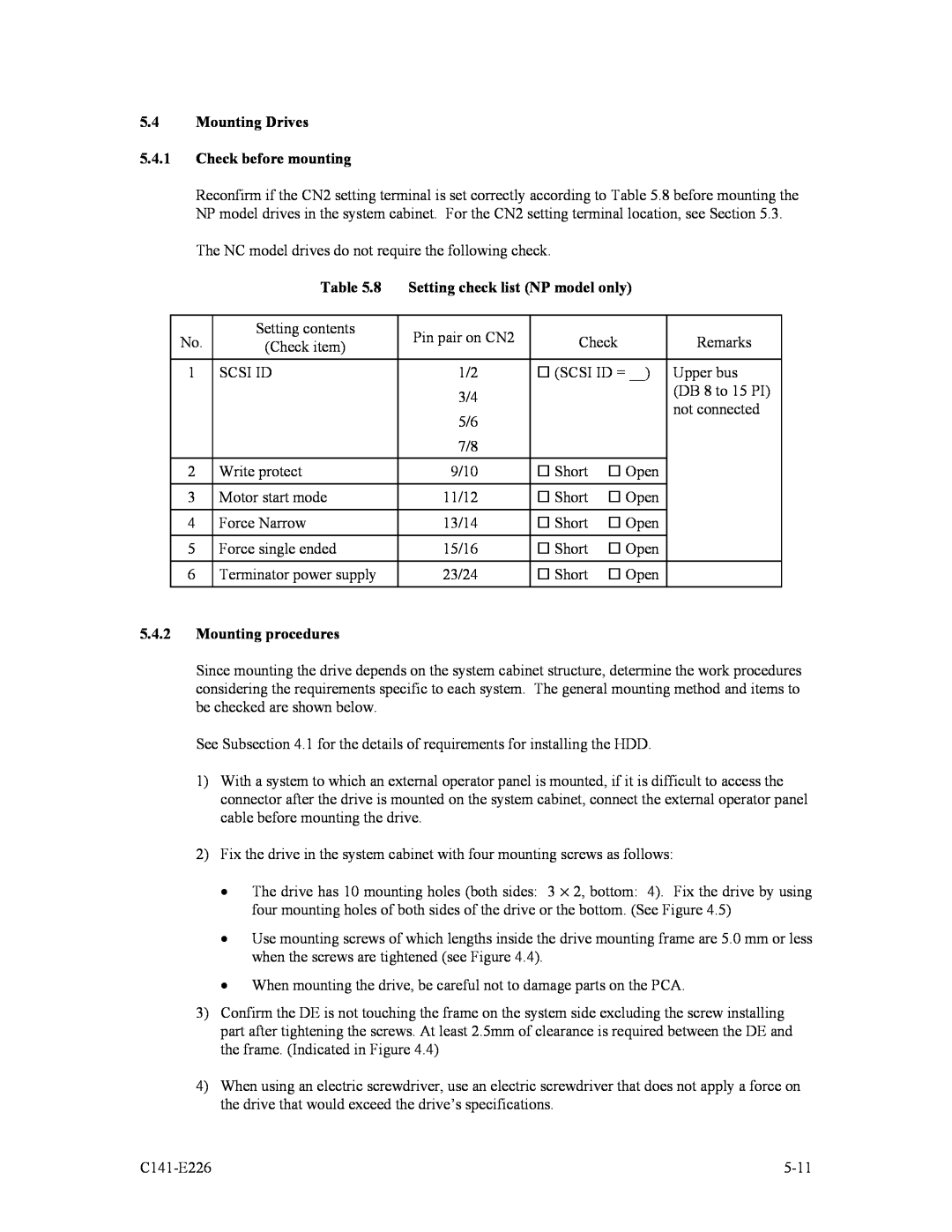 Fujitsu MAW3147NC/NP Mounting Drives 5.4.1 Check before mounting, Setting check list NP model only, Mounting procedures 
