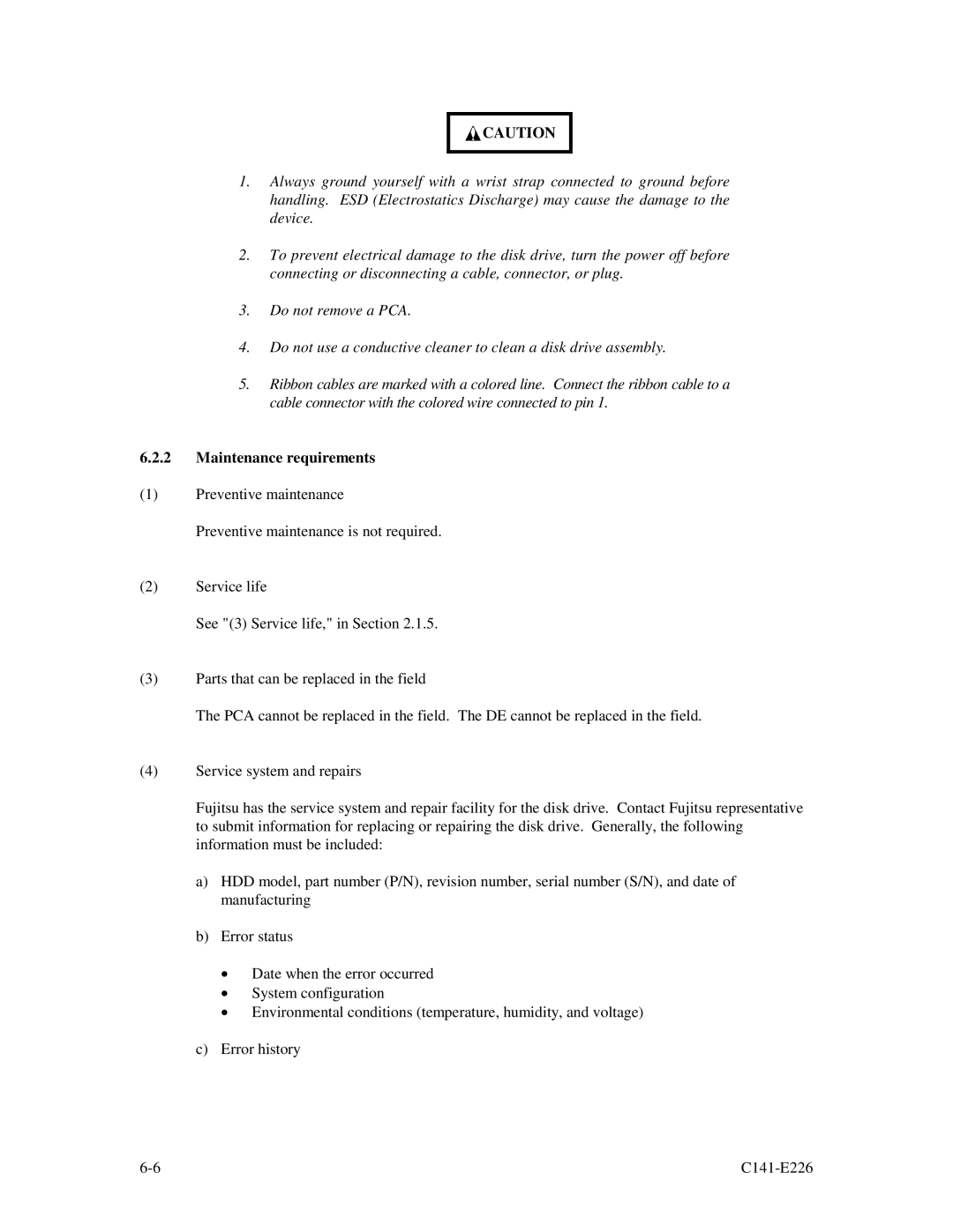 Fujitsu MAW3300NC/NP, MAW3073NC/NP, MAW3147NC/NP manual Maintenance requirements 